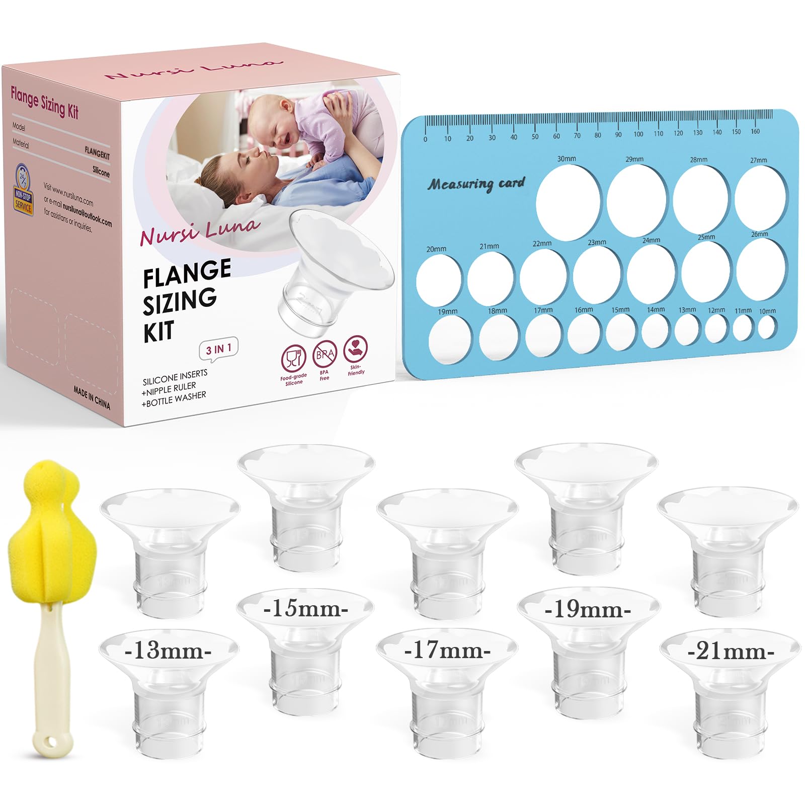 Nursi Luna Flange Sizing Kit 3 in 1 with 10PCS Flange Inserts 13/15/17/19/21mm, Silicone Flanges Insert Kit for 24mm Flange/Shield, Pumping Essentials Kit for Moms