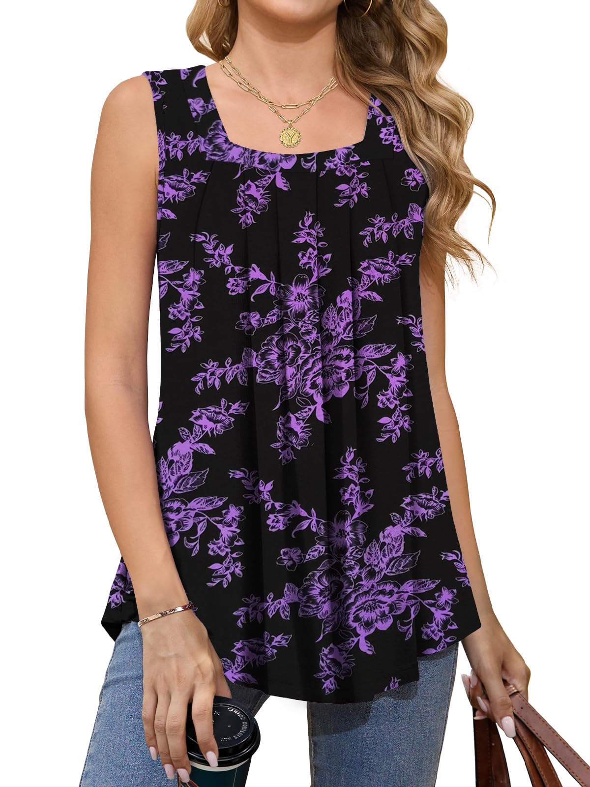 Women Tank Tops Summer Square Neck Sleeveless Tops Loose Fit Flowy Cute Casual Shirts S-3X