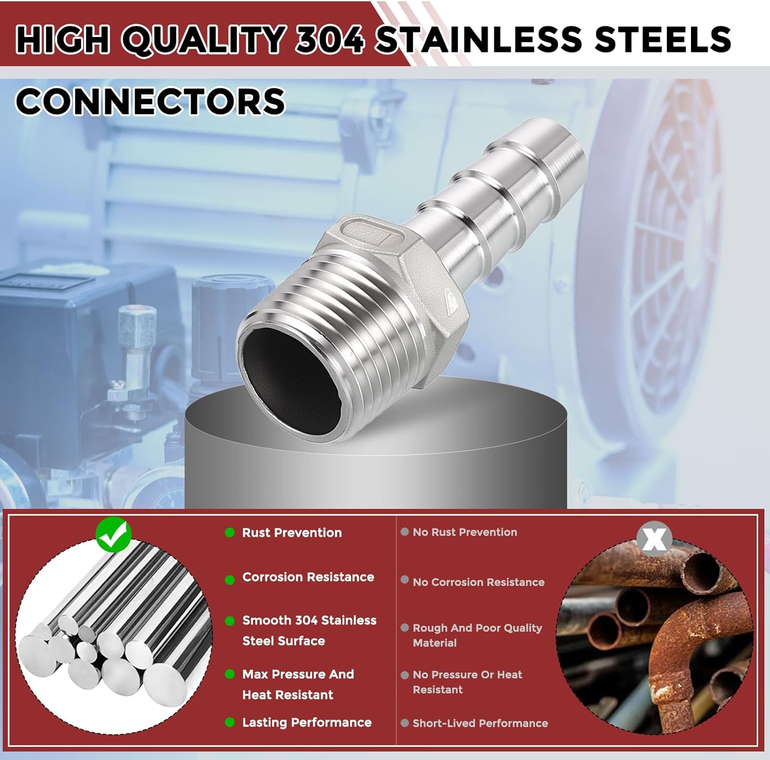 Pack of 25 Stainless Steel Hose Barbs Fittings 1/2" Hose Barbs to 1/2" NPT Male Fittings