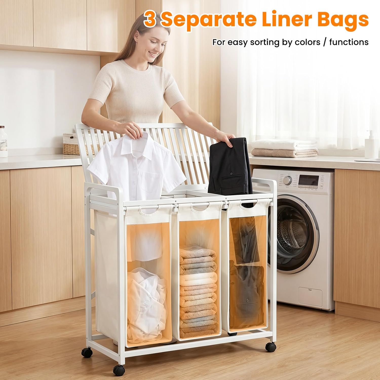 bamboo laundry hamper 3 section with lid, 150l laundry sorter with lockable wheels, pull-out removable washable bags, 3 × 12.5 gal divided laundry baskets for laundry room, bathroom (white) with wheels white
