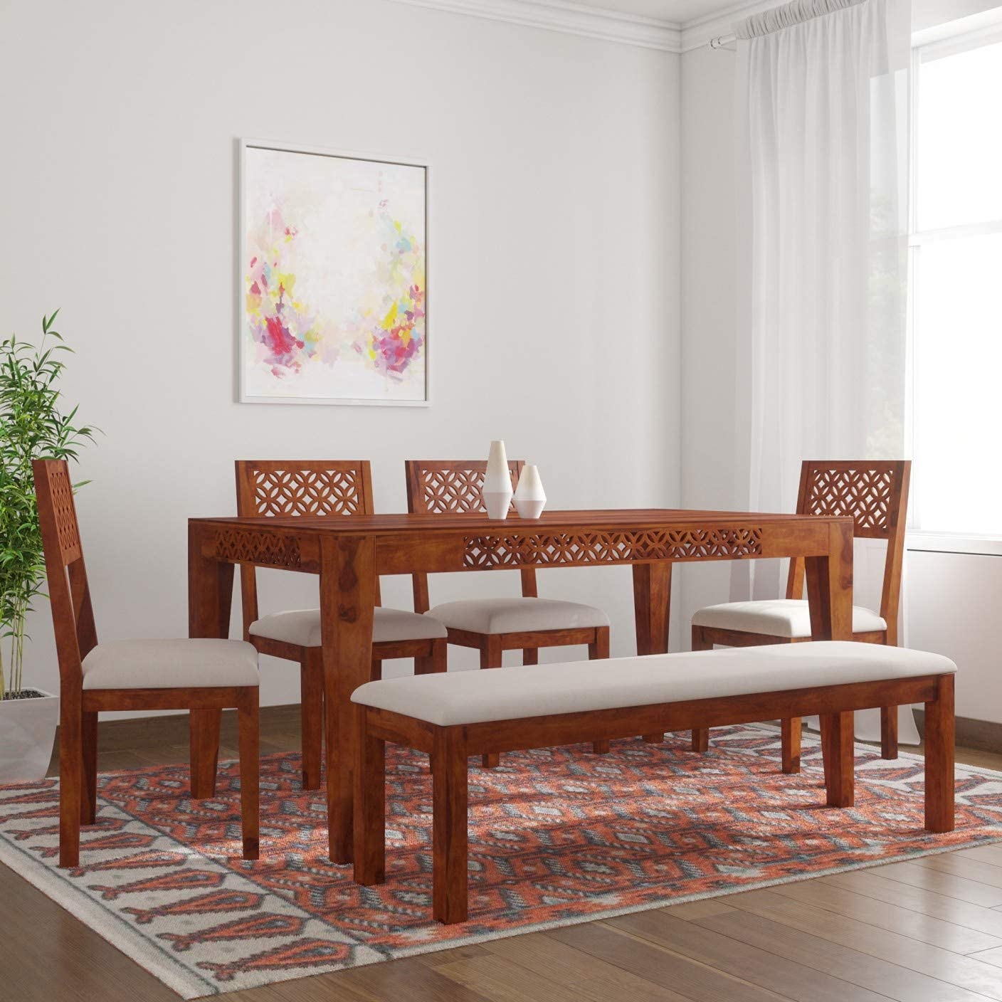 CRAFT D ARTS Sheesham Wood 4 Chair with 1 Bench Dining Table Set with Cushioned Chairs for Dining Room | Living Room | Home & Office | (6 Seater with Bench, Honey BB)