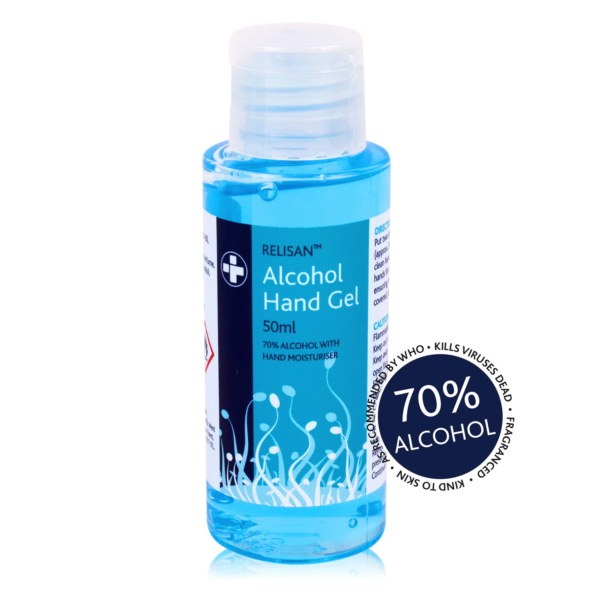 Reliance Medical Relisan Alcohol Hand Sanitiser Gel Bottle 50ml - 70% Alcohol - Small Antibacterial Antiviral Pocket Size Sanitising Mini Pump Spray for Travel Use