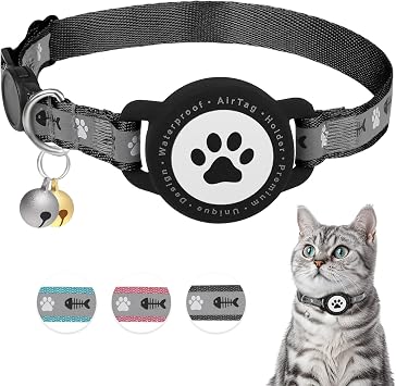 Waterproof Airtag Cat Collar, Reflective Cat Airtag Collar with Bell, Breakaway Cat collar AirTag Holder, Lightweight Kitten Collar for Apple Air tag, Cat GPS Collars for Girl Boy Cats, Kitten Black