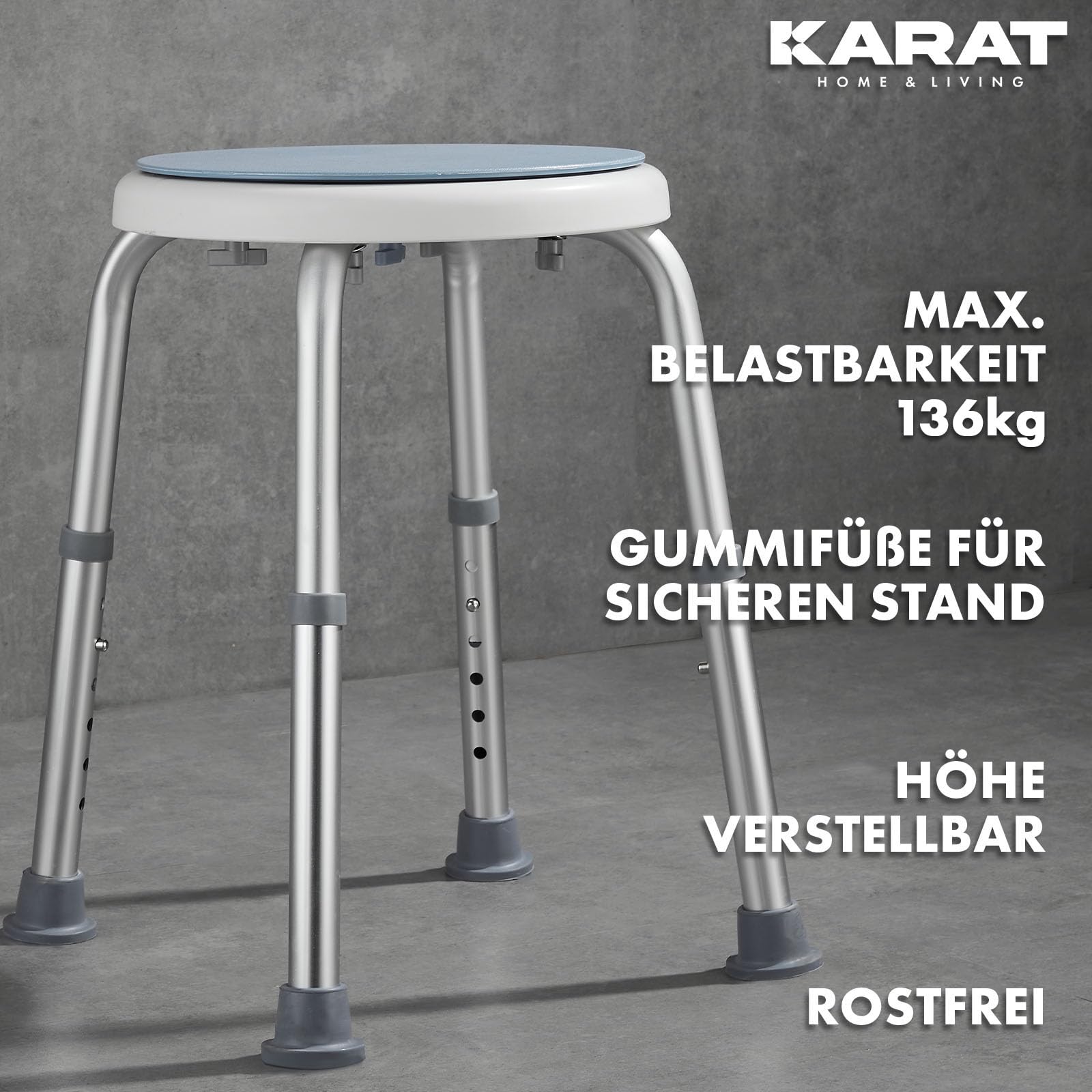 KARAT Duschhocker - 360° drehbarer Duschstuhl belastbar bis 150kg, höhenverstellbar mit rutschhemmenden Gummifüßen - Badhocker, Duschsitz