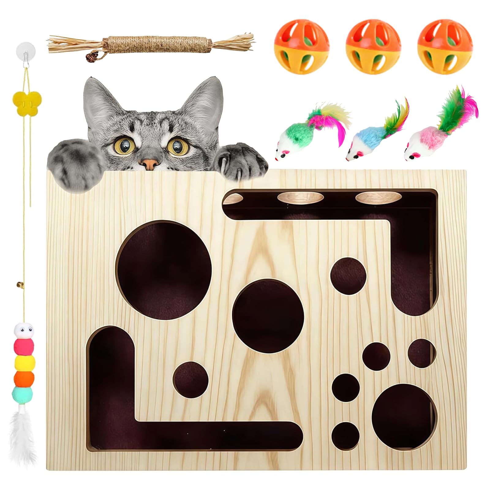 DOLVERTX Cat Interactive and Puzzle Box with Ball and Cat Toys,Cat-themed Fun Maze Wooden Box with Built-in Scratching Sanders,Stress-free Cat Manicure Alternatives.
