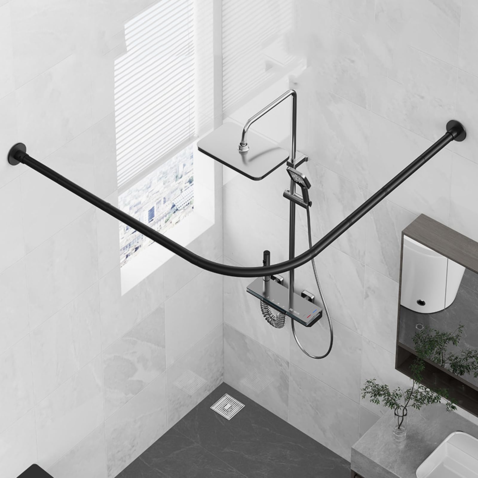 GLDYTVF L-Shaped Shower Curtain Rod, Corner Tension Rod, Rustproof Bathroom Curtain Bar, L-Shaped Shower Rod, Easy Installation, Space-Saving