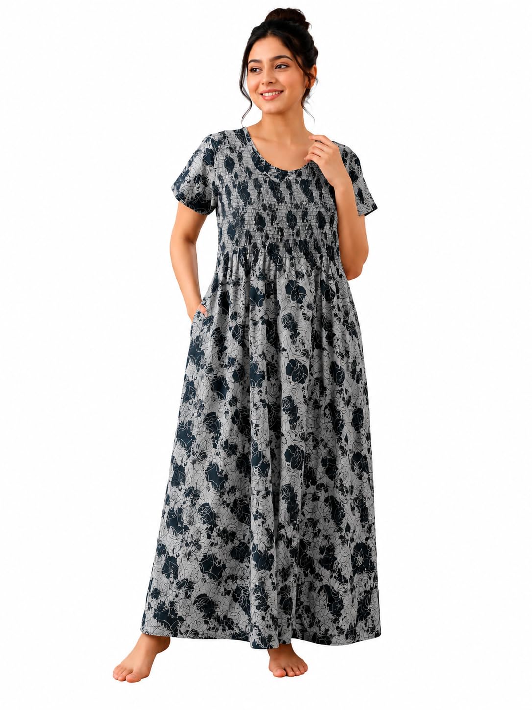 Women's Premium Alpine Frock Nighty | Full Smocked Chest | Soft & Breathable Alpine Fabric | 55 Inch Full Length Maxi Night Gown | Side Pocket | Printed Nightwear-image-11