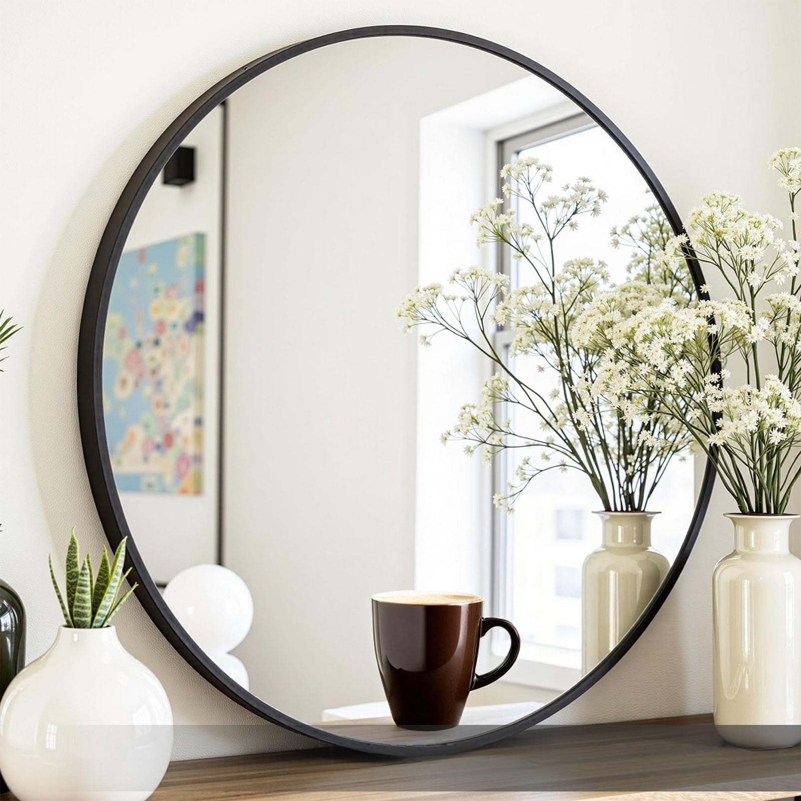 KARAT Miroir Mural Rond pour Salle de Bain et Chambre, avec Cadre en Alliage d'aluminium Noir Bella, Ø 60 cm, Verre trempé avec Film de sécurisé, Design élégant, Fixation Murale ou Poser sur Table