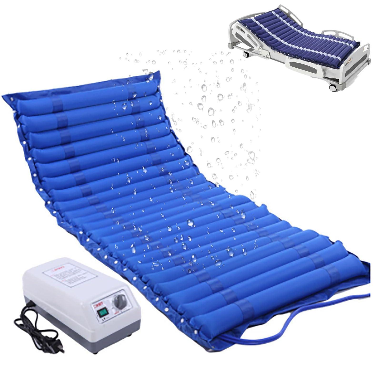 Genérico Colchón Antiescaras con Sistema de Presión Alterna para Cuidados de Larga Duración, 195 X 90 Cm Colchón de Aire Impermeable con Bomba Silenciosa para Camas Domésticas,Azul