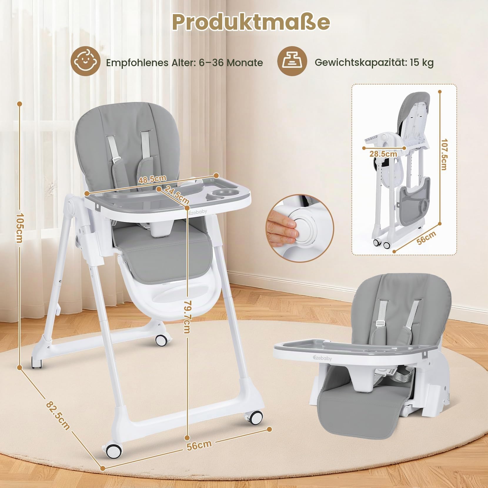 4-in-1 Baby Hochstuhl, höhenverstellbar, faltbar mit Spielbogen & Booster | 7-fach höhenverstellbar, Sitzerhöhung Booster-Funktion, PU-Sitz, Doppeltablett, Rollen mit Bremse, Kinderstuhl