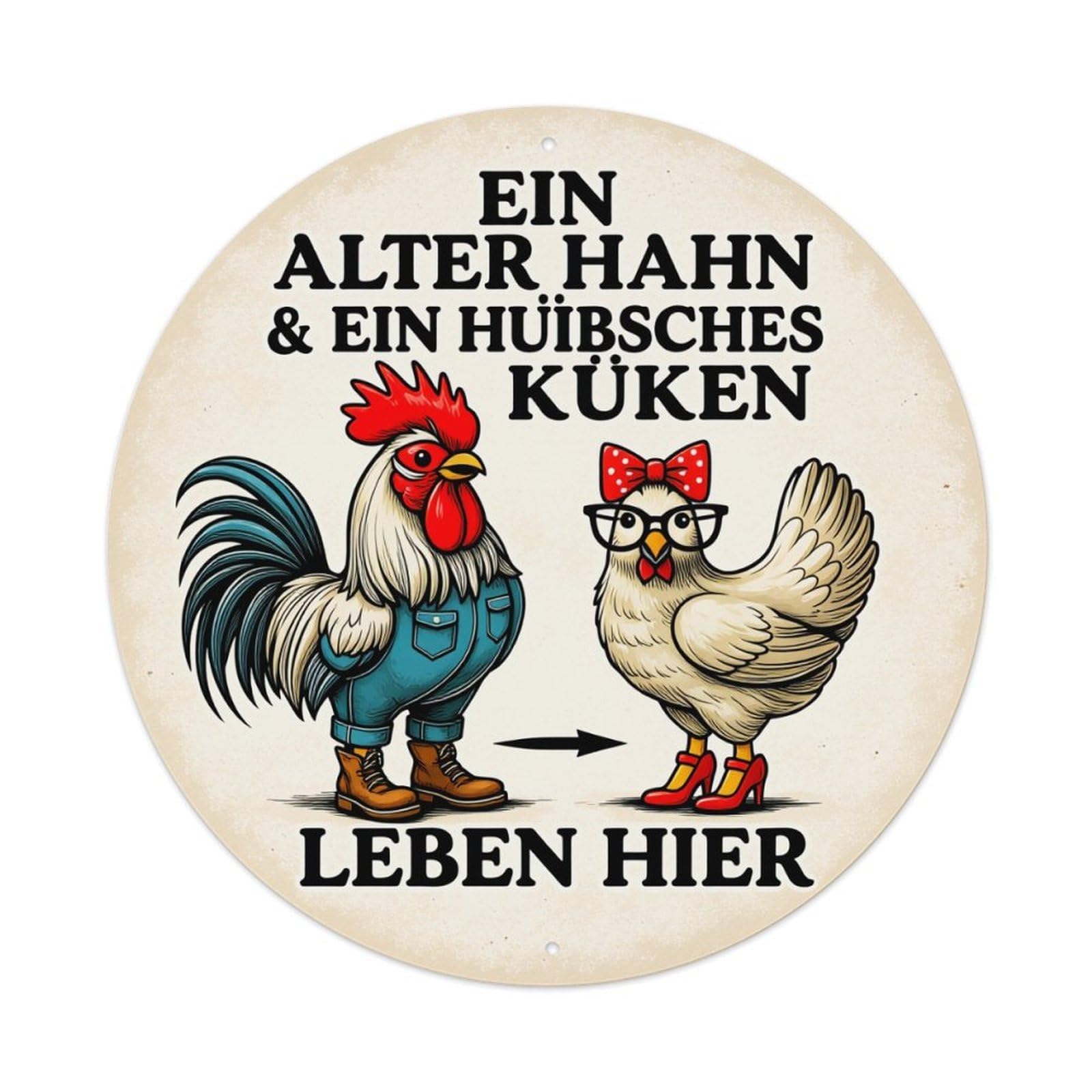 Rooster And Chicken With Glasses Round Tin Sign Retro Metal Sign for Cafe Bar Pub Home Game Room Gym Club Wall Decoration Vintage Metal Poster 8x8 Inch