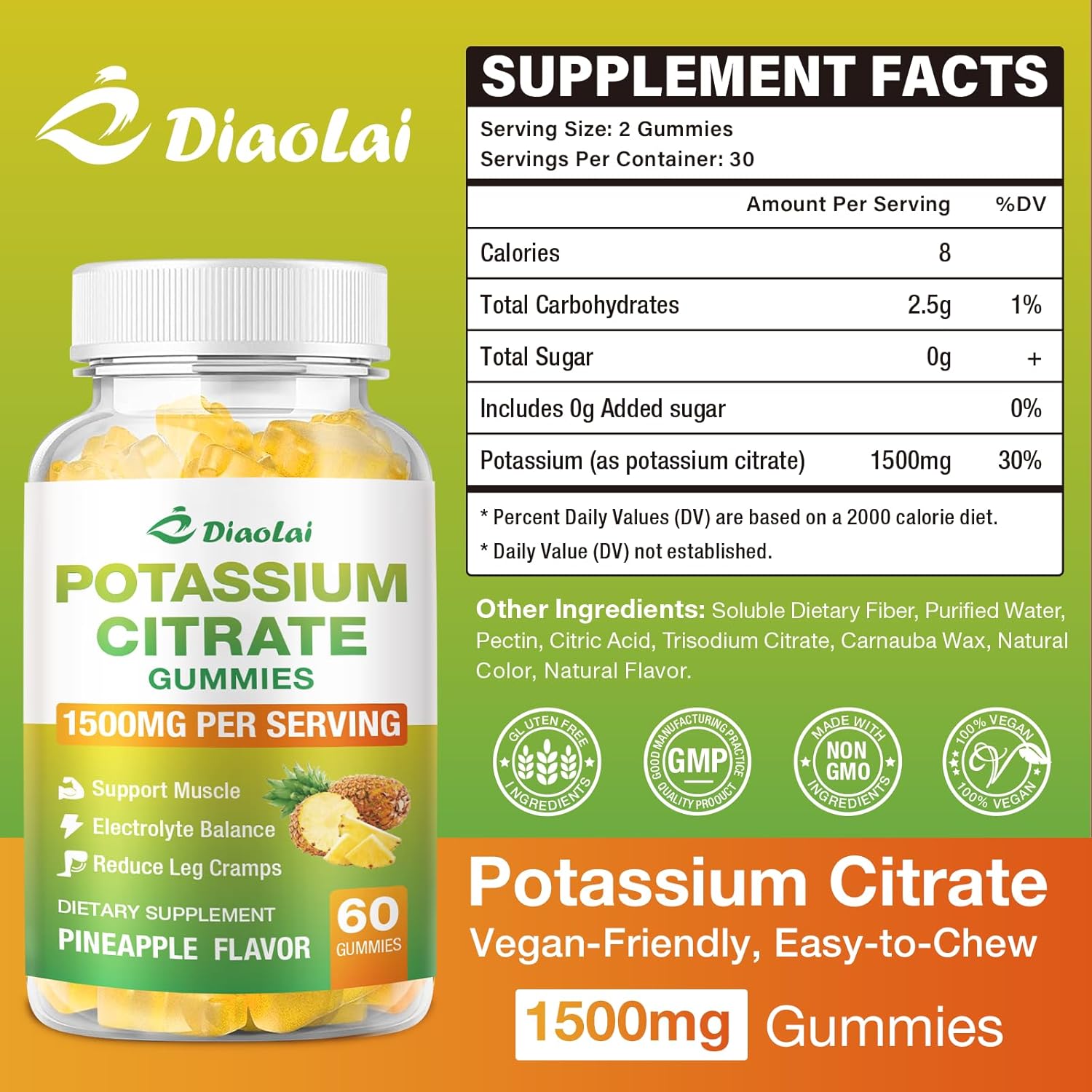 Potassium Citrate 1500mg Gummies - Potassium Supplement for Women & Men, Supports Leg Cramp Relief & Muscle Health, Vegan, Pineapple Flavor (60 Count) - Image 2