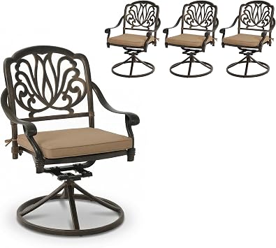 Outdoor Swivel Dining Chairs, Bronze Cast Aluminum Patio Dining Chairs Extra Wide Armrest Swivel Rocker Outdoor Chairs with Cushion Patio Furniture for Garden, Backyard, Deck