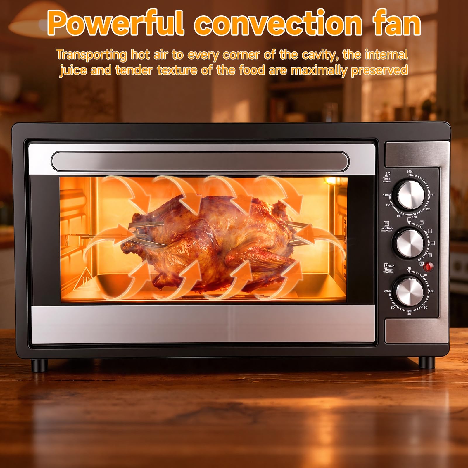 Grand four à convection de 46 litres, four de comptoir 9-en-1 avec fonctions Crispy Roast, déshydratation et rôtissoire, 6 accessoires inclus, 1 500 W, acier inoxydable UE