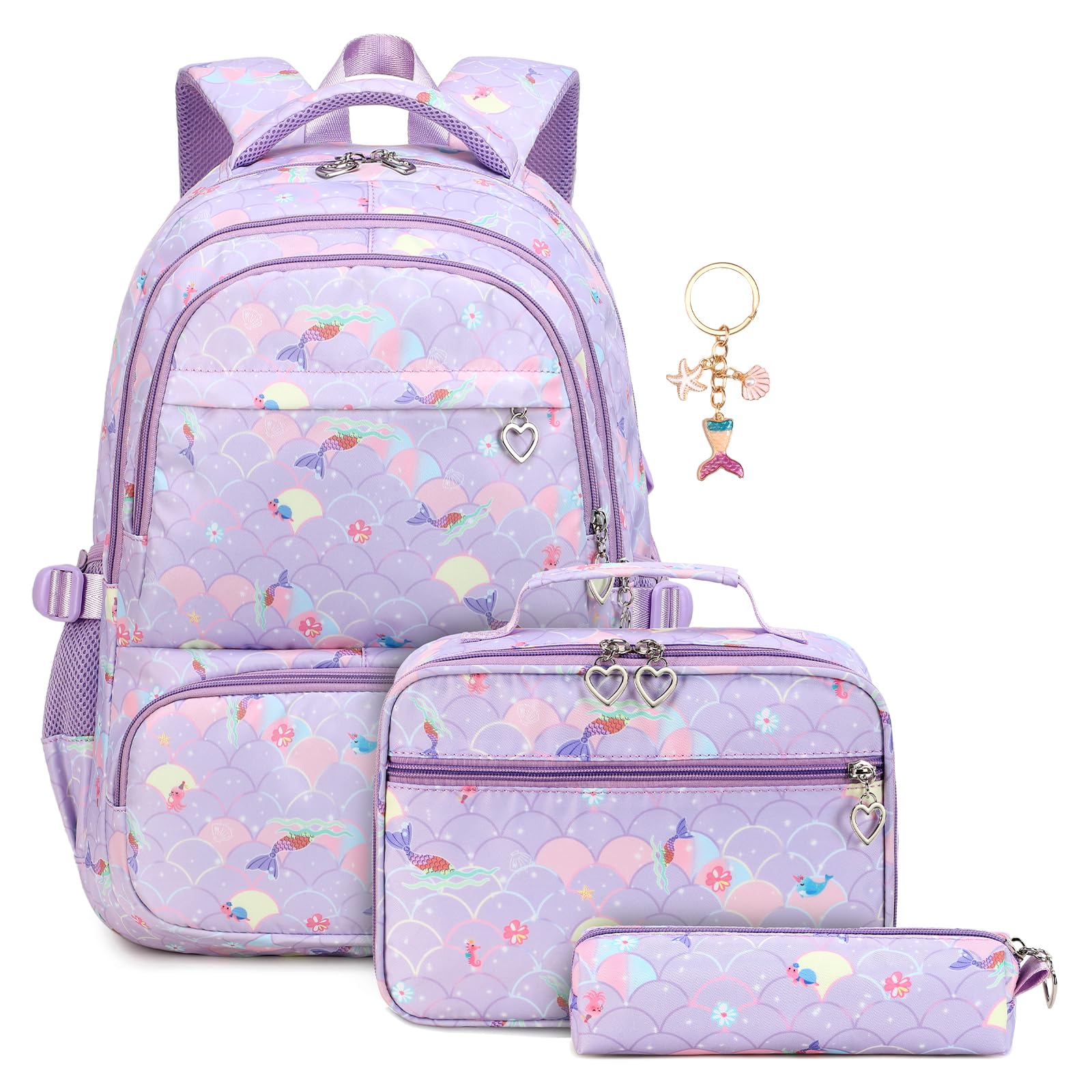 IQUQIXL Kids Backpack for Girls 4Pcs Mermaid Backpacks Lunch Box Pencil Case For Kids School Backpack Lightweight for Middle School (Purple)