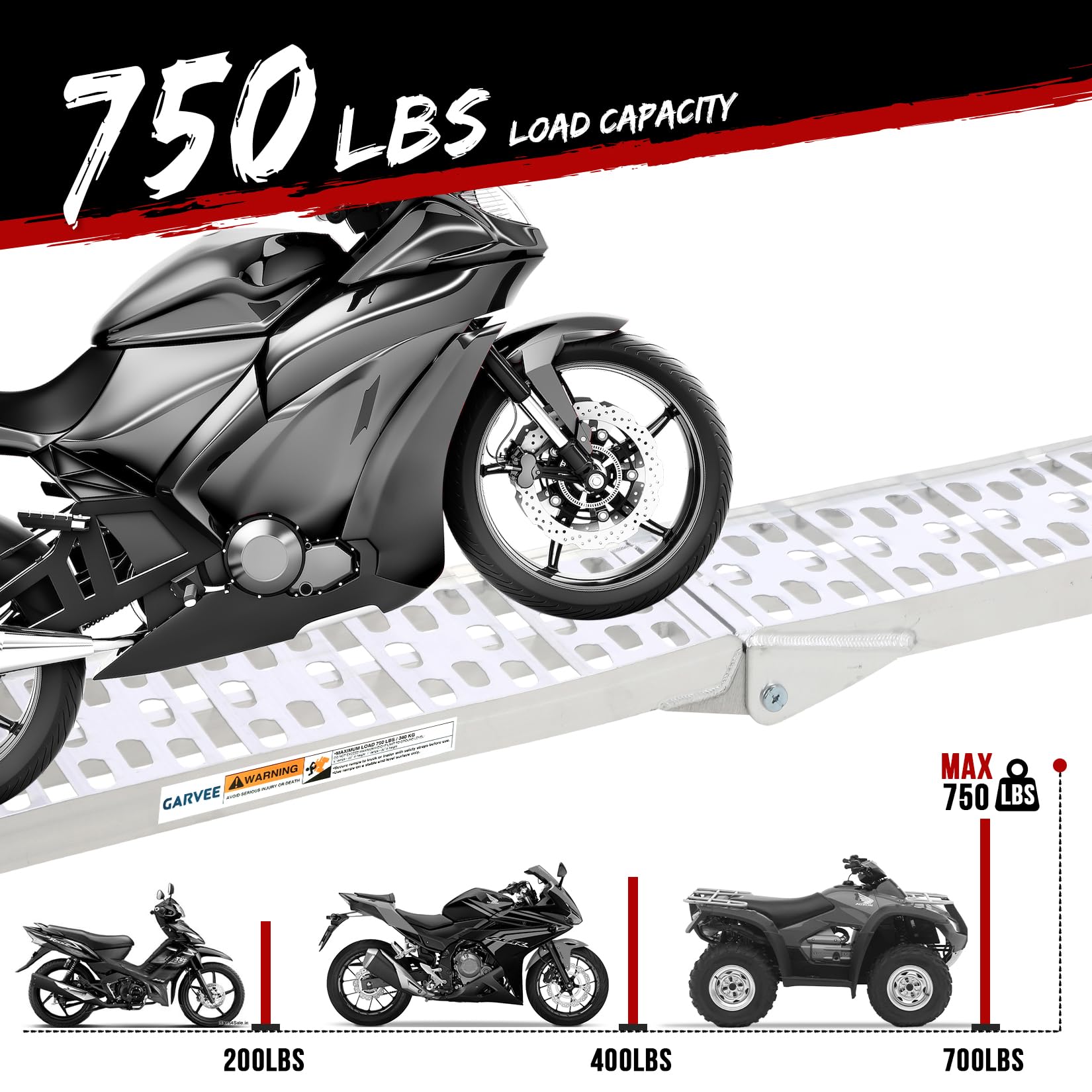 Garvee Rampa De Carga De Aluminio Plegable 340kg, Estructura Reforzada con Bisagras Soldadas, Superficie Antideslizante, Ligera 8,3kg, para Moto ATV Cortacésped Remolque, Fácil Almacenaje, Aluminio