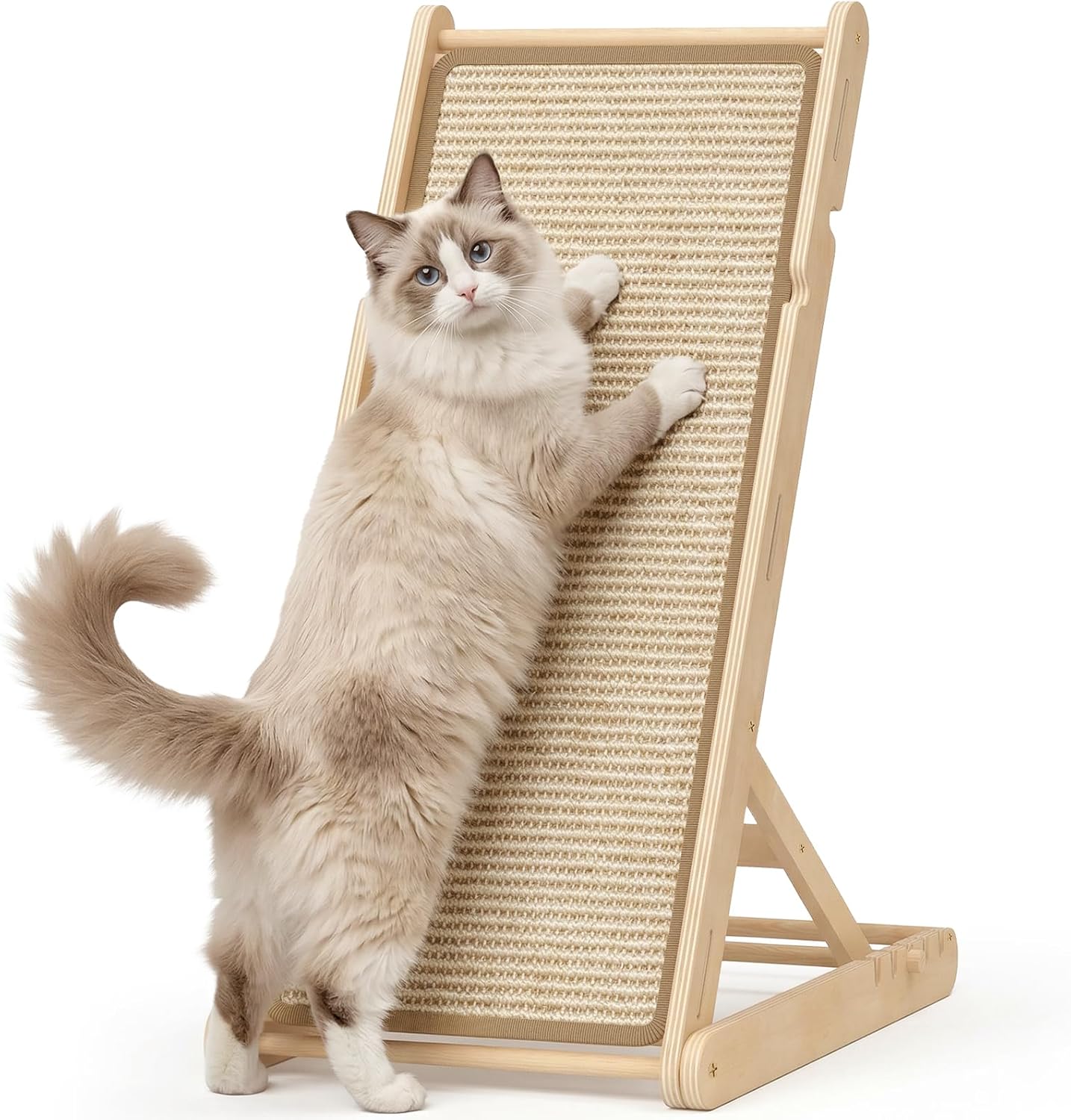 XiaZ Sisal Cat Scratcher, 31" Wooden Cat Scratching Board with 5 Adjustable Heights, Replaceable Sisal Mat and Angled Scratch Pad for Indoor Cats, Ready to Use, No Assembly Required