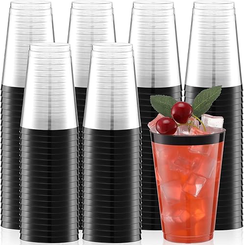 Zubebe 100 vasos de plástico con borde de 14 onzas, vasos de vino desechables transparentes duros con borde, elegantes vasos de cóctel desechables
