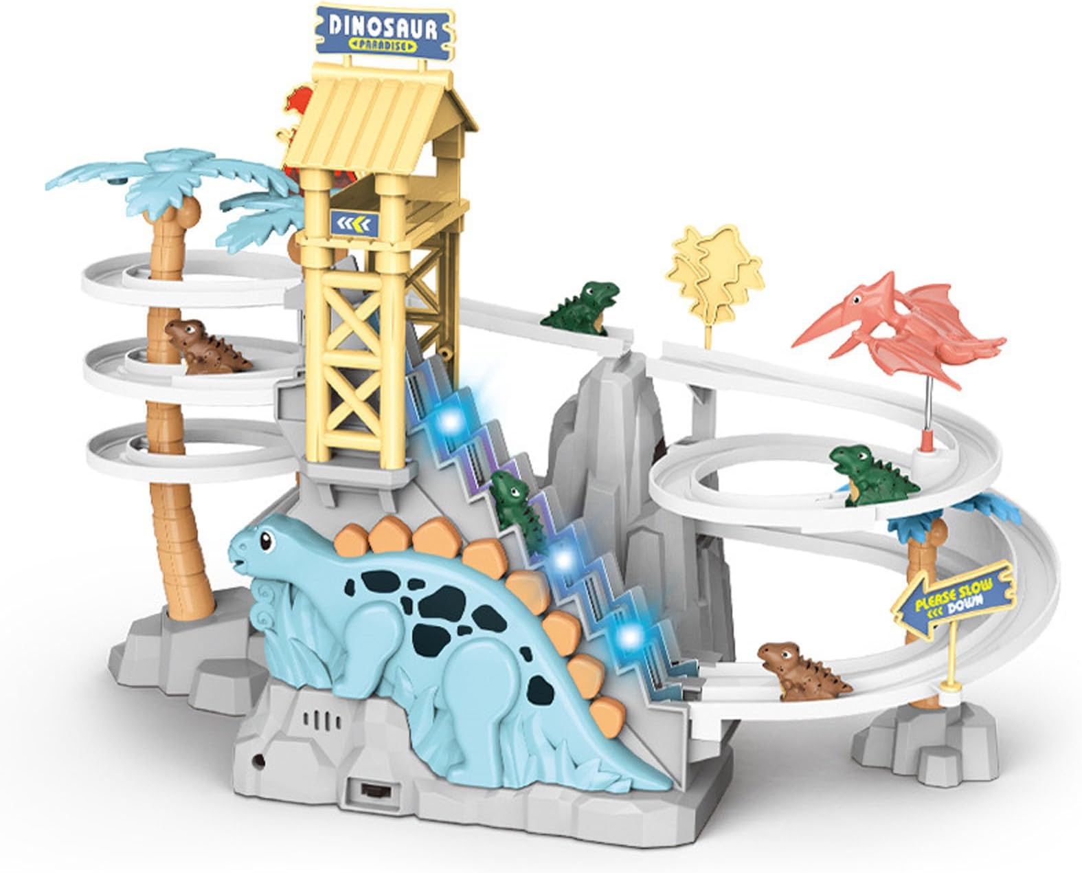 ALMEKAQUZ Dinosaur Chasing Race Track Game Set Double Loop Track Slide Toy Climb Stairs Toy Roller Coaster Toy with Music Educational Puzzle Playsets Gift for Toddler Kids Boys Girls Age 3+