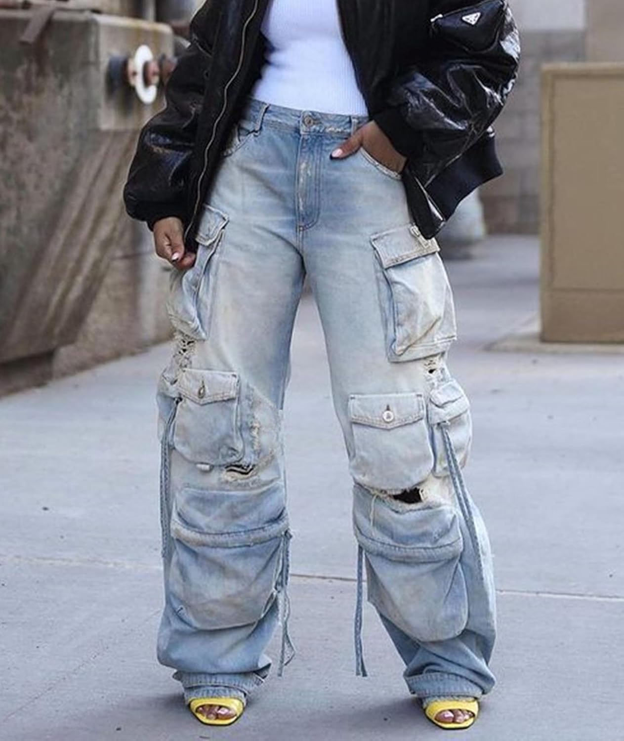 Sexyshine Women's High Waist Cargo Jeans Pants Y2K Baggy Loose Distressed Ripped Long Denim Pants with Multi Pockets - Image 6