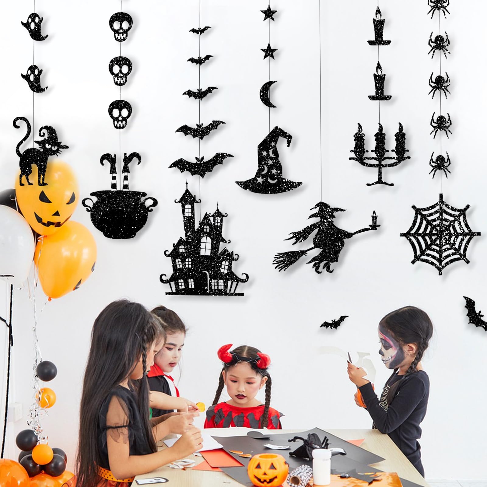 Glitzernde schwarze Halloween-Girlande zum Aufhängen – Geister, Hexen, Fledermäuse, Spinnen, Spukhaus, Katze und mehr – Partyzubehör für den Innen- und Außenbereich für Gothic-Geburtstag, Zuhause,