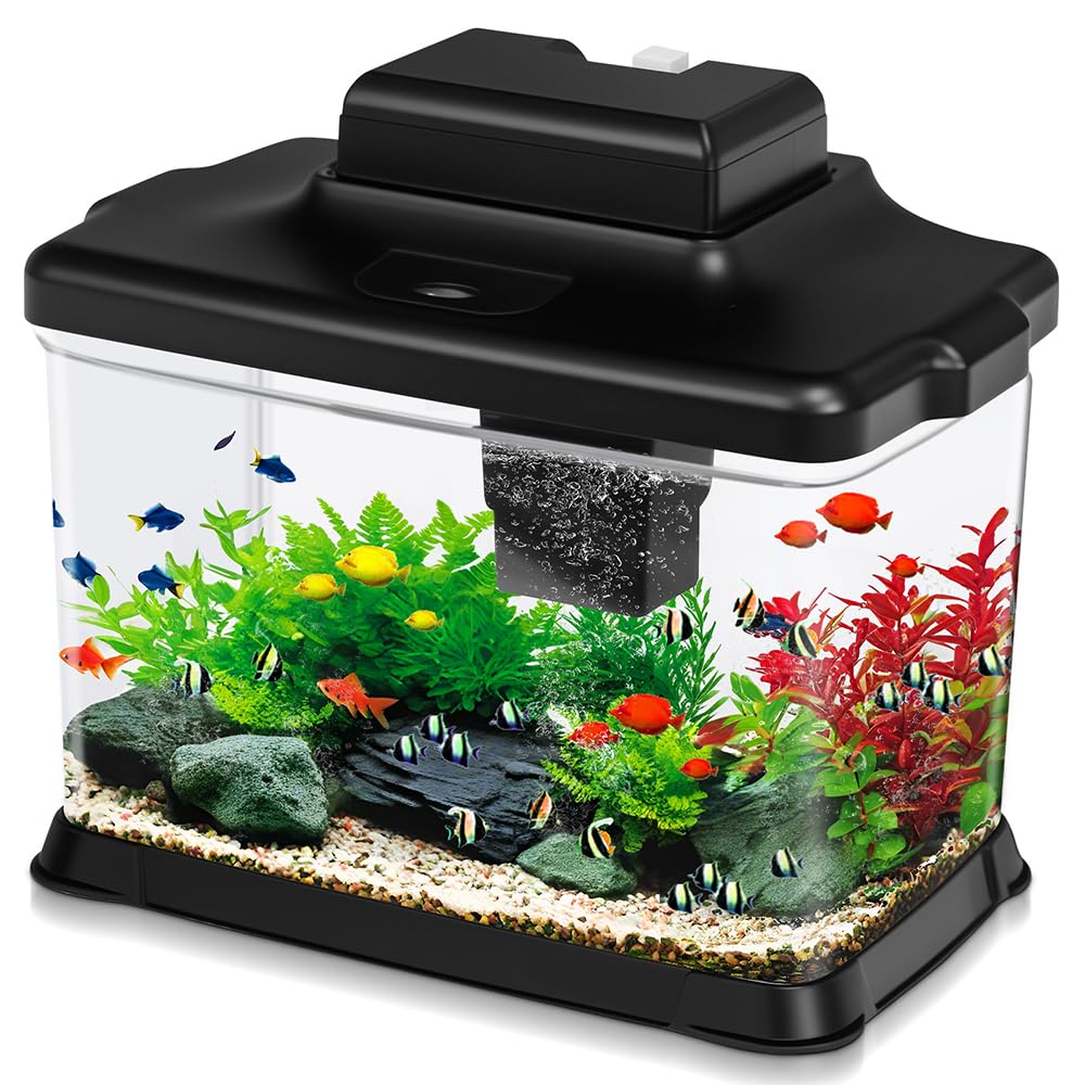 Small Fish Tank Ultra-Clear 1.6 Gallon Aquarium Starter Kits with LED Lighting and Filter System Beginner-Friendly Mini Betta Aquarium for Small Fish Shrimp Desktop Room Decoration