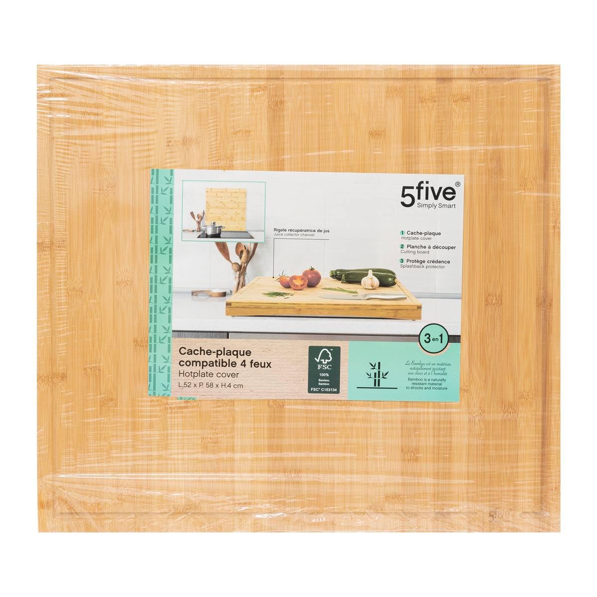 5five - Cache plaque 52x58cm en Bambou 3en1. Planche à découper en Bois - Protège Crédence et Plaques - Compatible Induction Gazinière Vitrocéramique