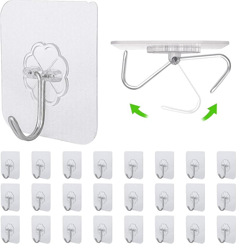 Paquete de 24 ganchos adhesivos de pared de 33 libras, resistentes, sin taladro, ganchos adhesivos transparentes | Transparente, impermeable, autoadhesivo, carga máxima de 33 libras sin daños, para llaves, baño, ducha, exterior, cocina, puerta