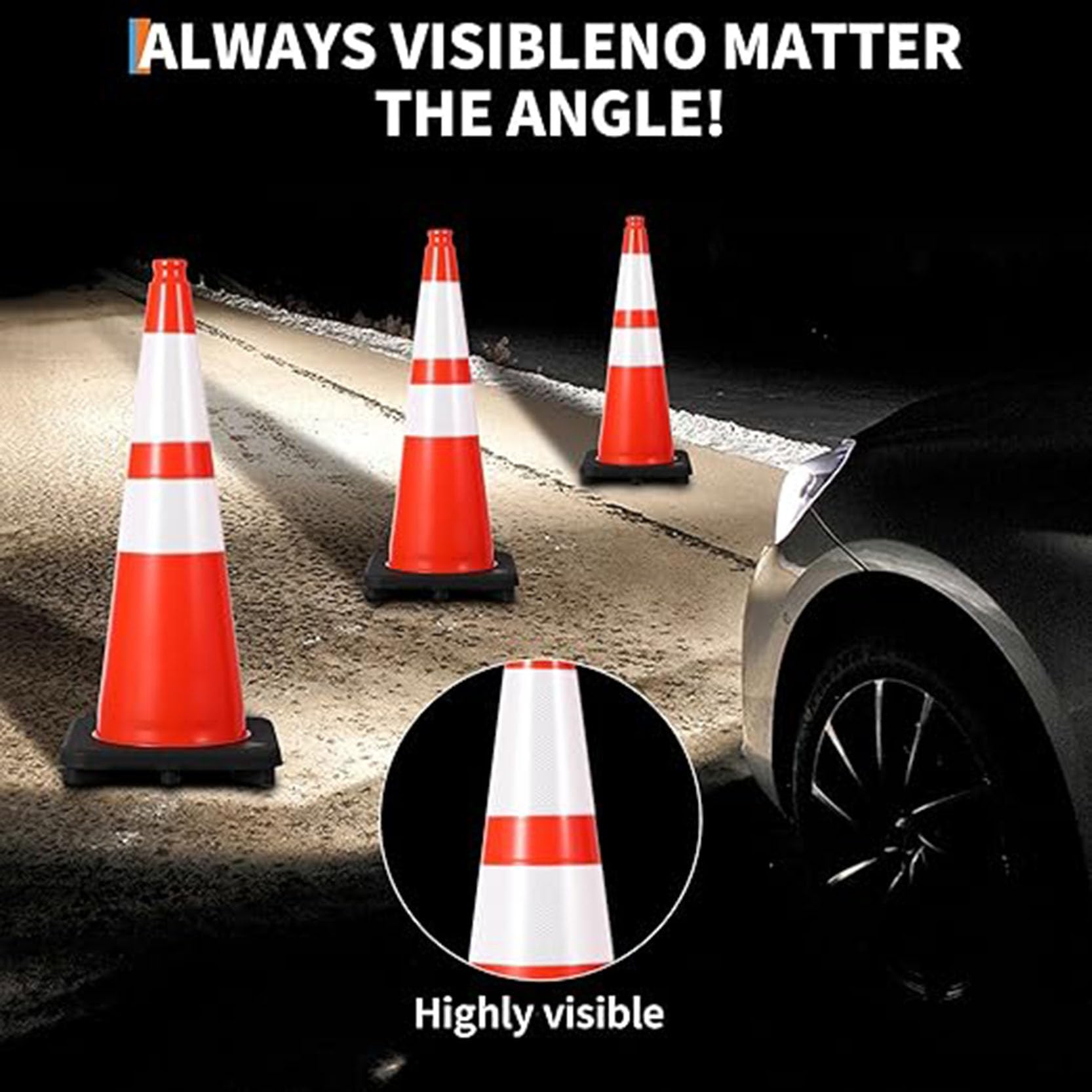 Cône de Signalisation Routière Polyvalent et Rétractable avec Bandes Réfléchissantes,Cône de Chantier Doté d'une Base Noire Robuste et d'une Structure Stable(Size:30x18.5x18.5cm,Color:4pack)