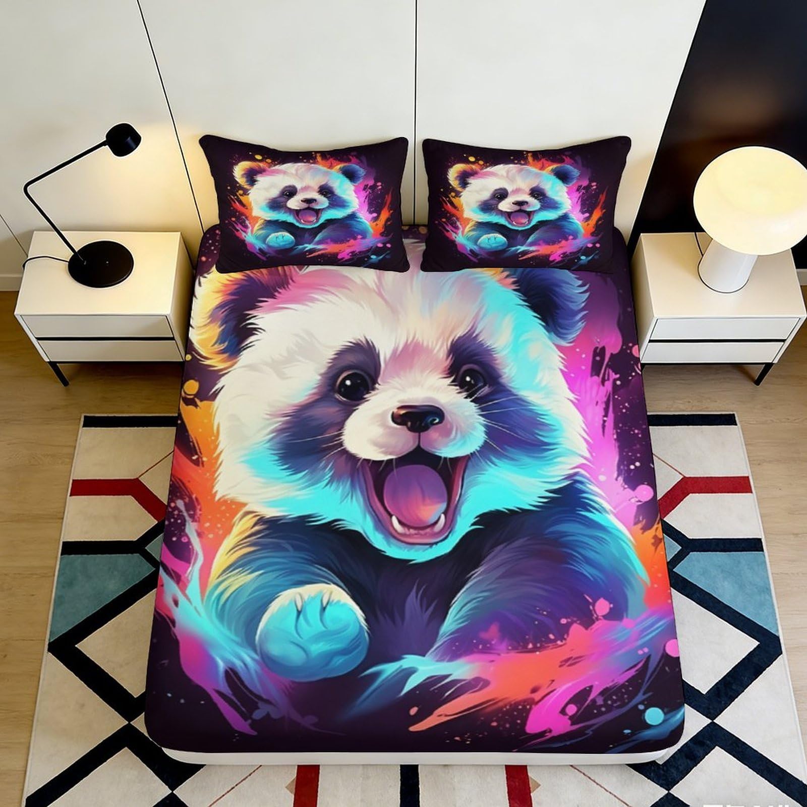 3D Printed Colorful Panda Fitted Sheet Microfiber Soft Anti-Slip Cartoon Animal Mattress Cover for Bedroom Dorm 140x200x25cm
