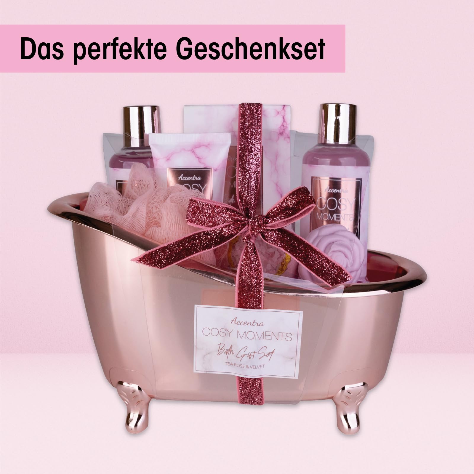 Accentra - COSY MOMENTS zestaw do kąpieli i prysznica w kolorze różowym – zestaw prezentowy do relaksu dla kobiet na urodziny lub Walentynki – 7-częściowy zestaw upominkowy i pielęgnacyjny z mini