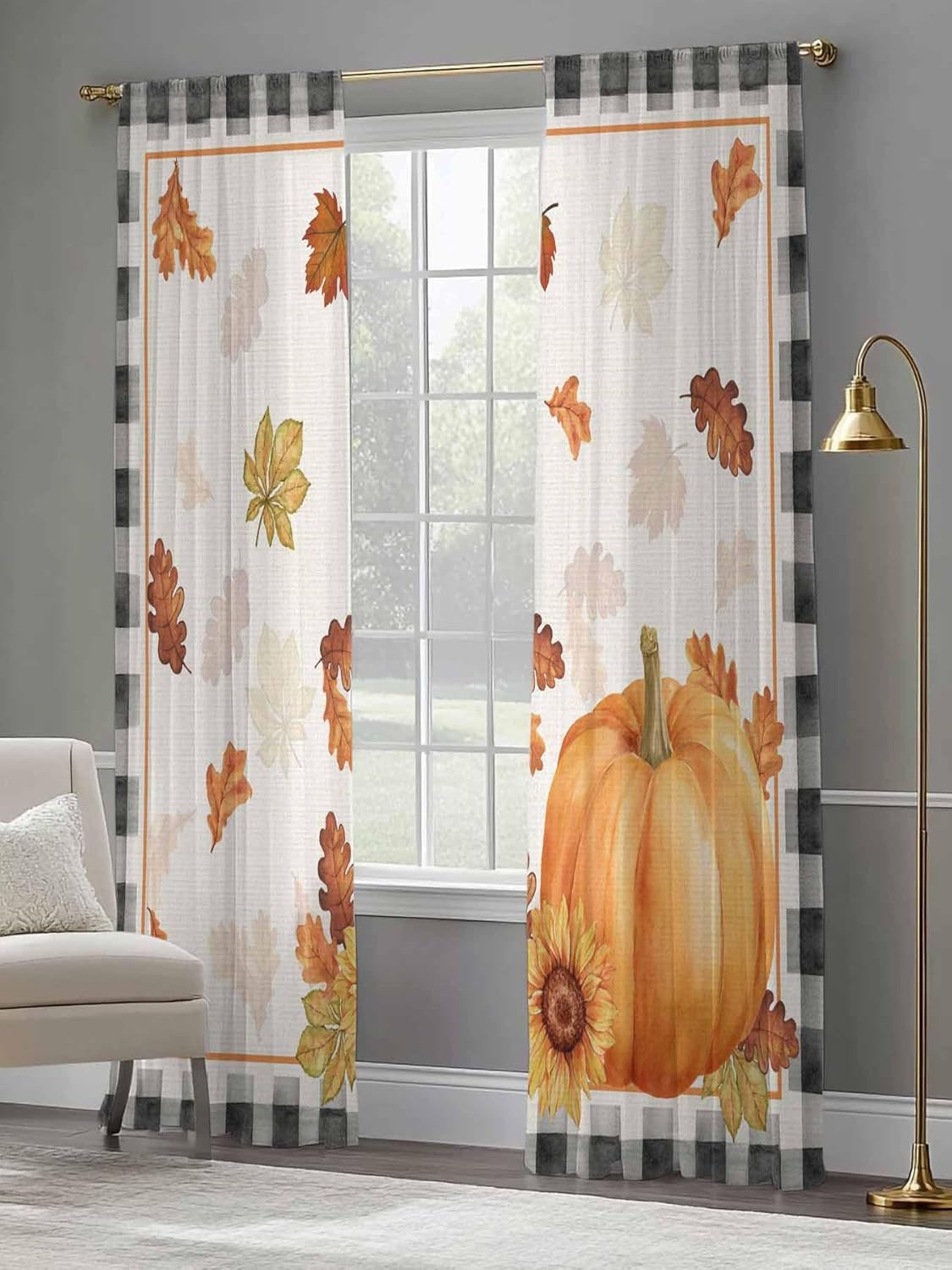 Fall Sheer Curtains for Living Room Bedroom Orange Pumpkin Autumn Maple Leaf Sunflower Black Plaid Sheer Curtains 84 Inch Long 2 Panels Set Light Filtering Curtain Window Treatments Drapes