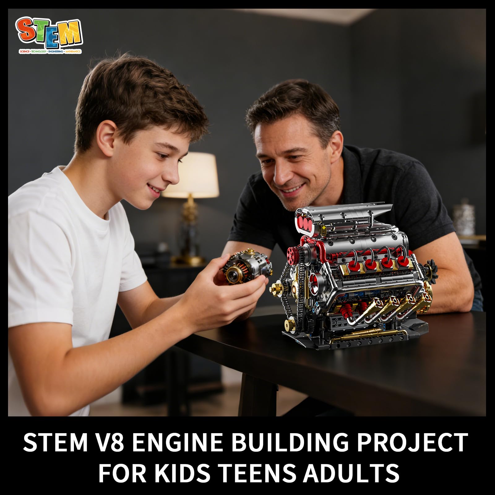 Technik V8 Motor Bausatz Bausteine Klemmbausteine, Ideas V8 Eigene Modellbausatz Set für Erwachsene, Kompatibel mit Lego, STEM Spielzeug Geschenk für Auto Fans und Jungen ab 14 Jahren (1176 Teile)