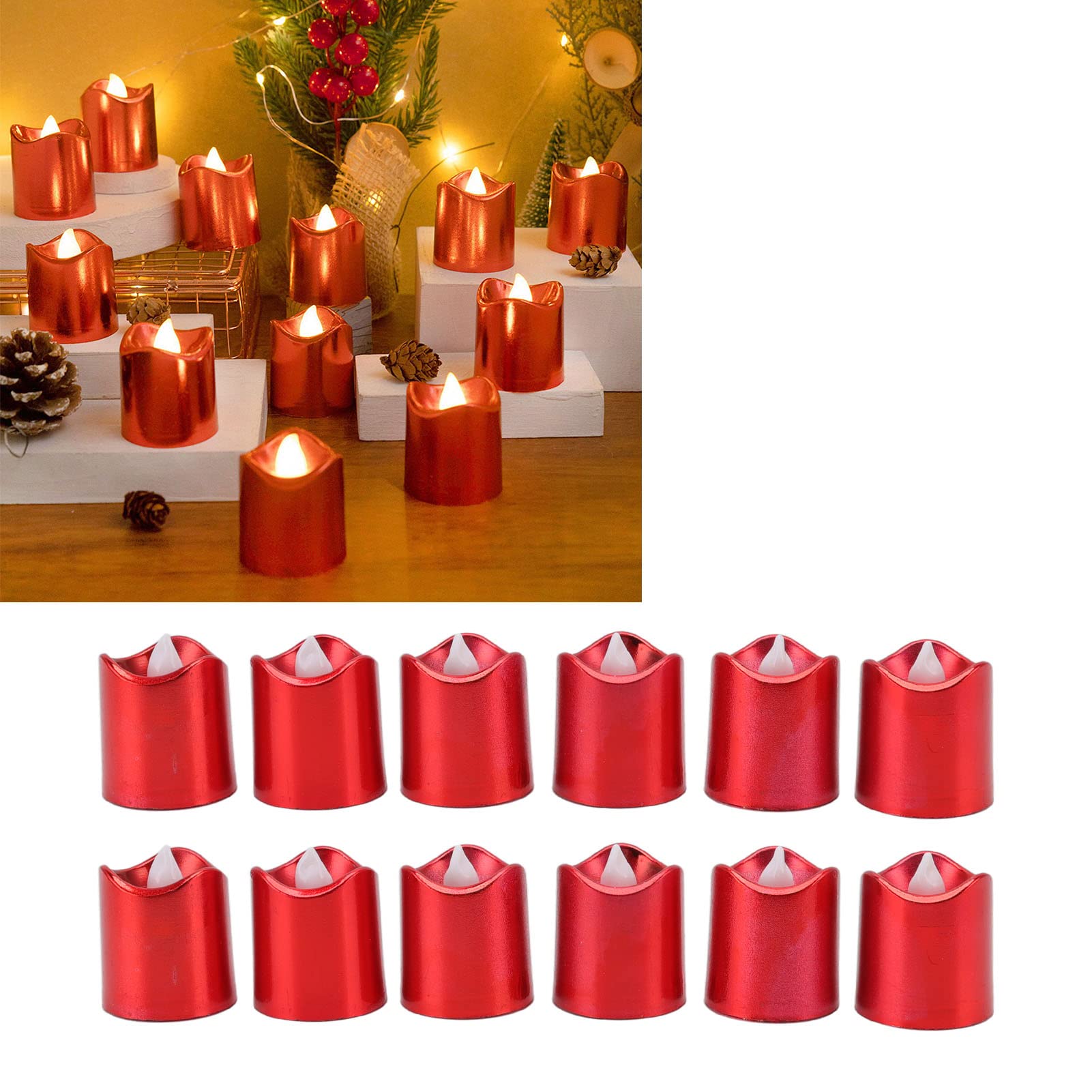 BestAlice 12 Pack Red Flameless Votive Candles, Battery Operated Red Glitter Flickering Fake LED Tea Lights, Flameless Electronic LED Candle Light for Christmas Festival Birthday Party Wedding