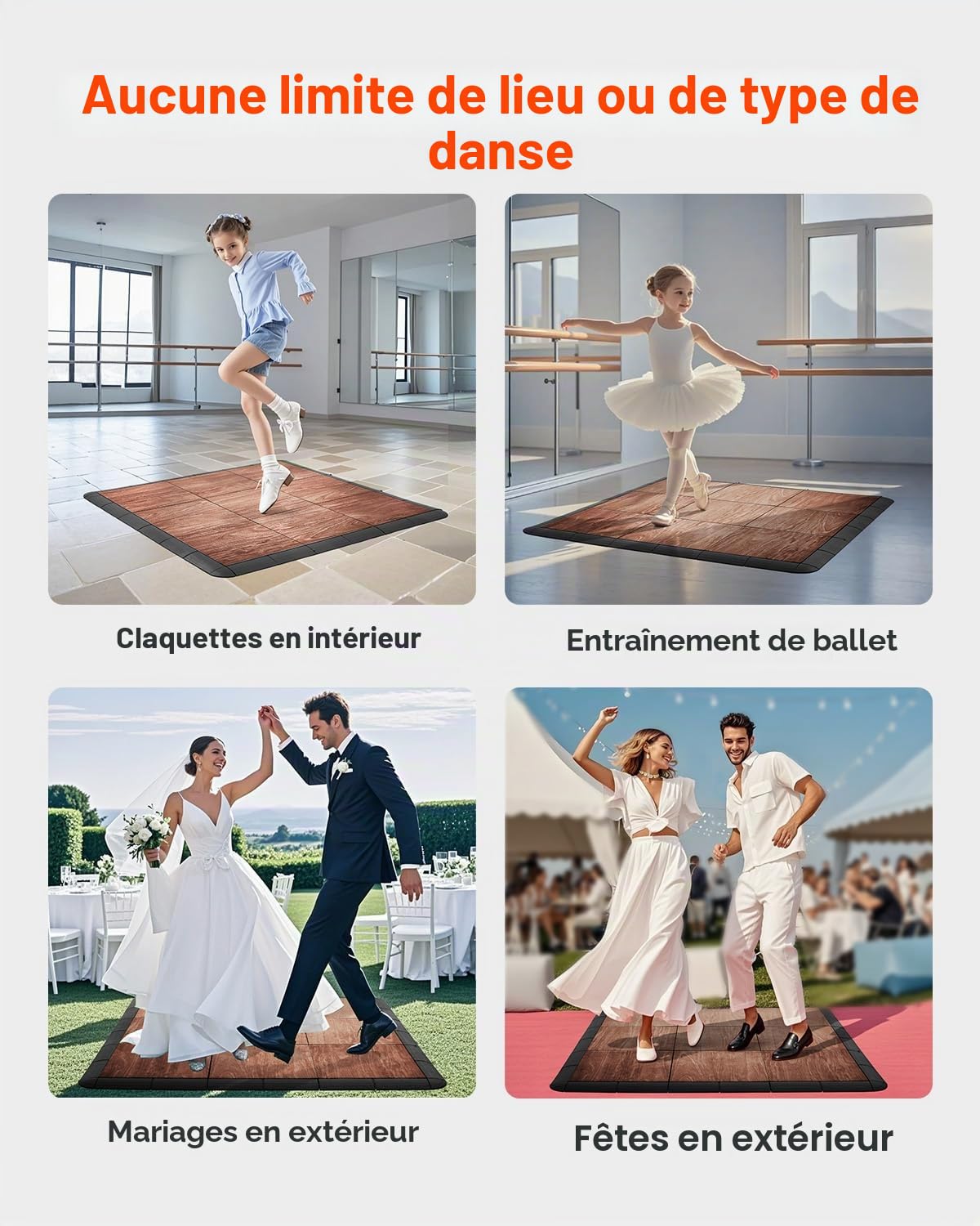 VEVOR Revêtement de sol emboîtable, 315 x 315 mm, dalles de sol polyvalentes emboîtables, 25 pcs, dalles de piste de danse portable avec base coussinée, grain de bois de chêne, marron, 2,3 m²/boîte