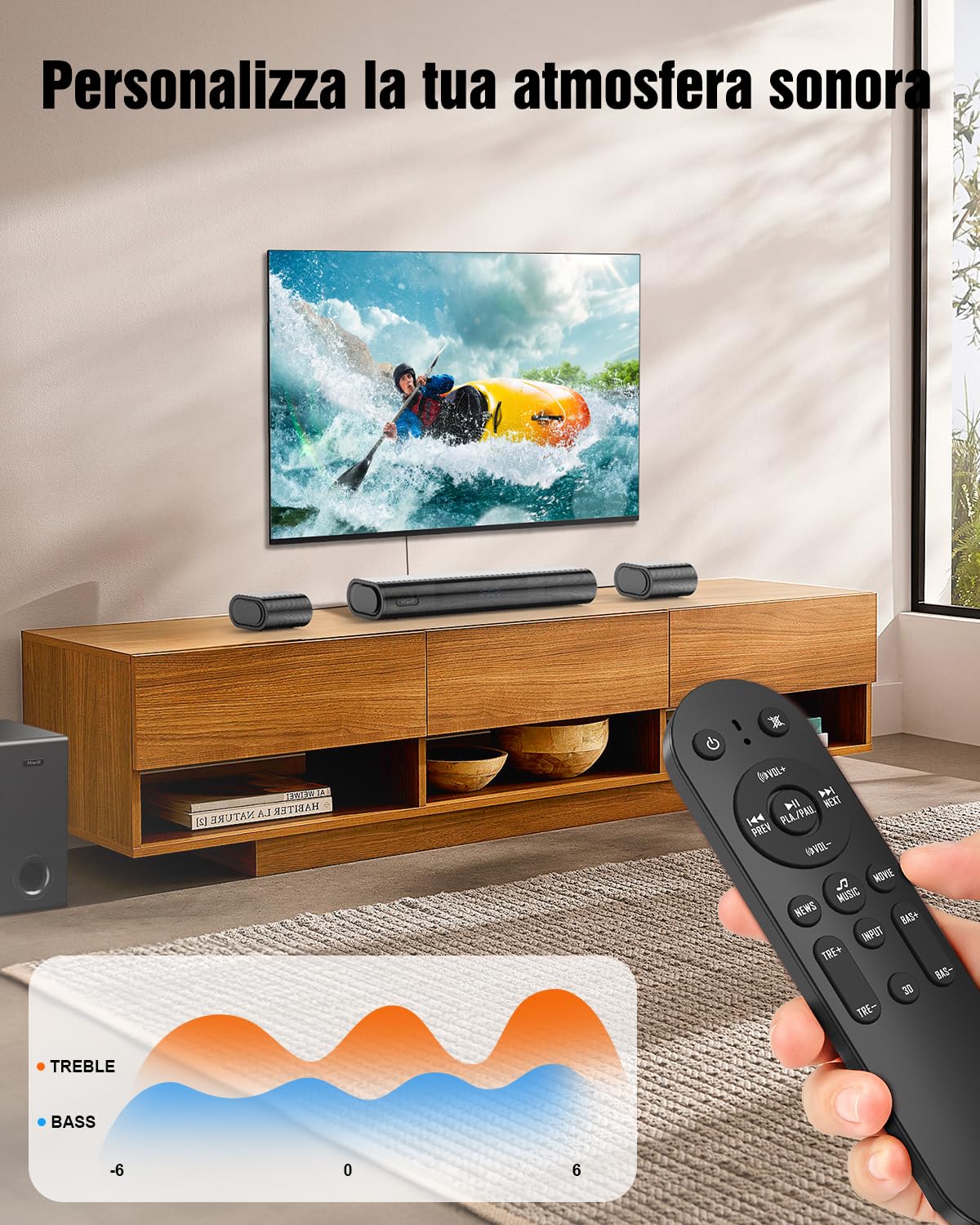 Hiwill 4.1 Canali Soundbar TV con Dolby Atmos, Subwoofer, Potenza di picco 300W, 2 Altoparlanti Surround Anteriori, Soundbar per Altoparlante TV, Alti e Bassi Regolabili, Home Theater, HiElite A41