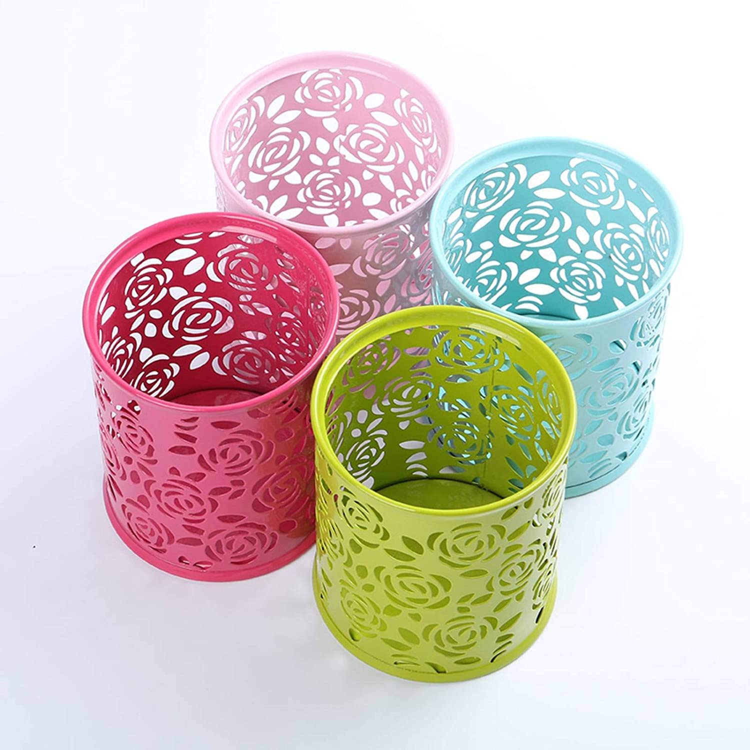 Stifthalter für den Schreibtisch, Zylinder-Stifthalter aus Metall mit hohlem Rosen-Blumen-Design, mehrfarbig, 9,7 x 8,2 cm(D-rosered)