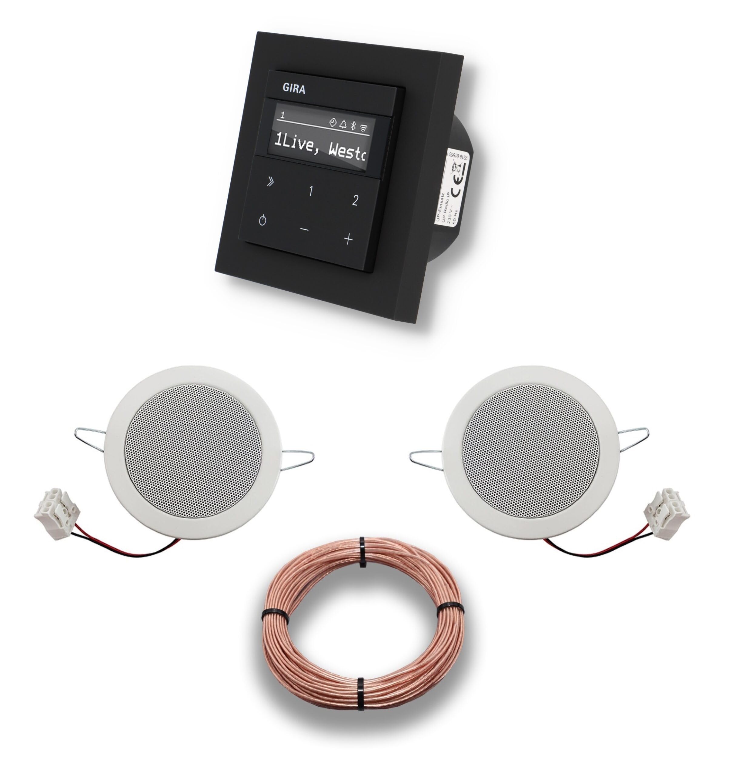 Gira Unterputz IP Internetradio 232003 + Bluetooth Komplett-Set, E2 schwarz matt + 2 x Deckenlautsprecher/Einbaulautsprecher + 20 Meter Lautsprecherkabel 2x0,75 mm