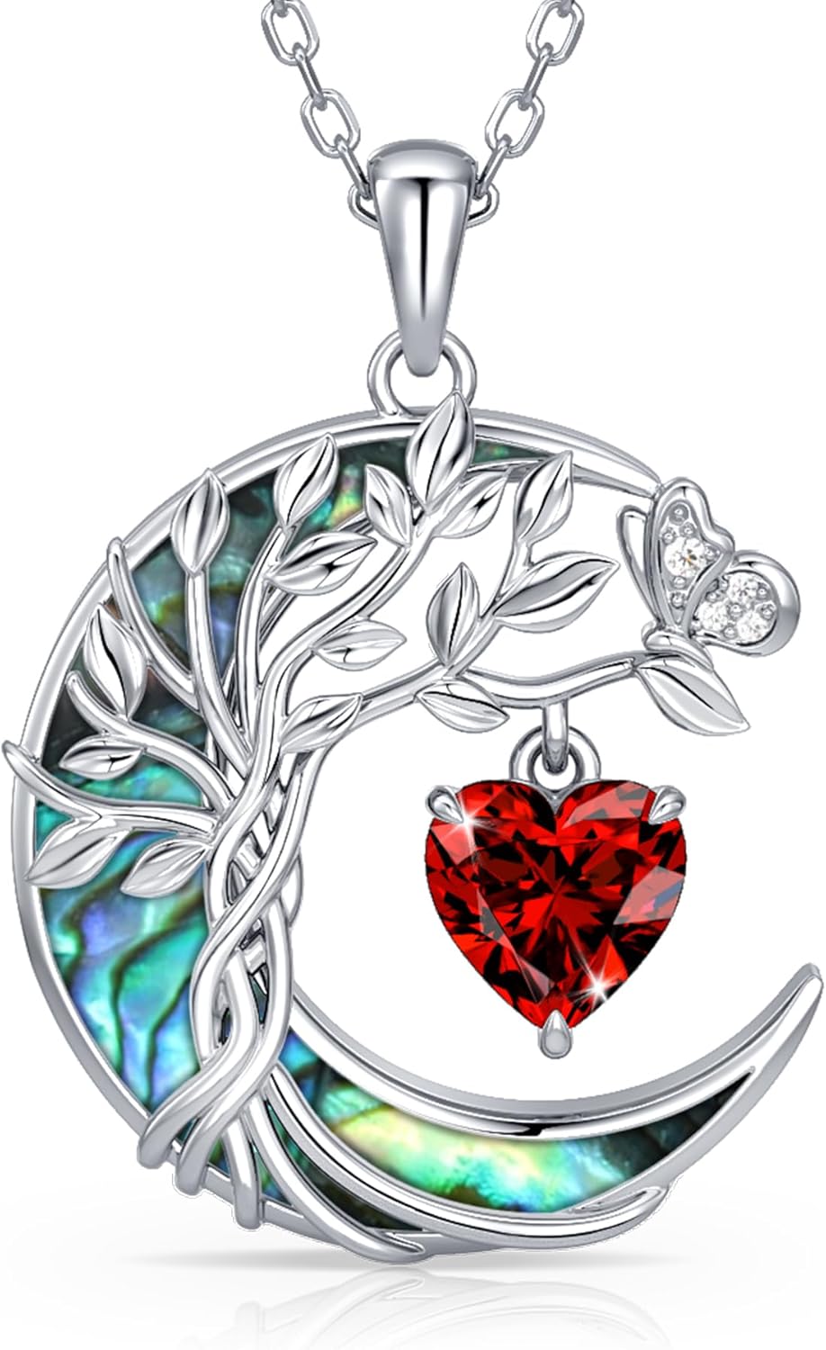 Distance Tree of Life Birthstone Necklace for Women, S925 Sterling Silver Premium Abalone Shell Moon Pendant, Heart Birthstone Necklace Christmas Anniversary Jewelry Birthday Gifts for Her Mom Wife