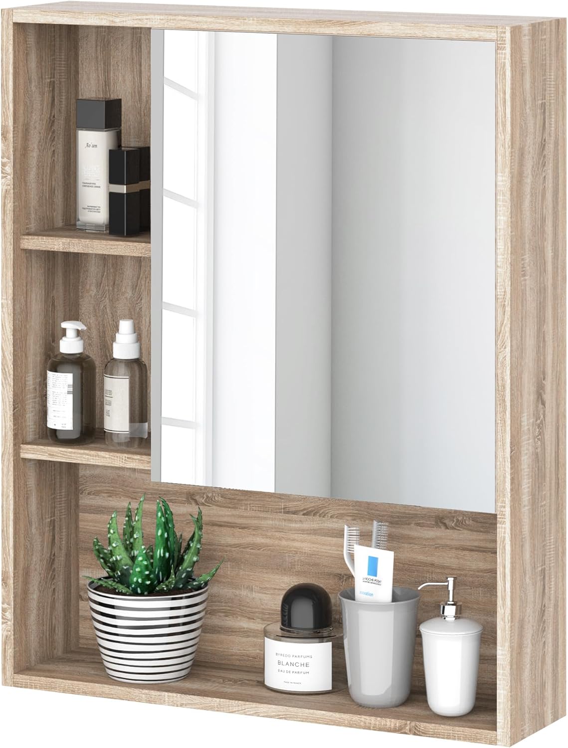 kleankin Bathroom Mirror Cabinet with Adjustable Shelves, Bathroom Wall Cabinet with Space-Saving Door, Wall Mount, 60 x 15 x 76 cm, Oak