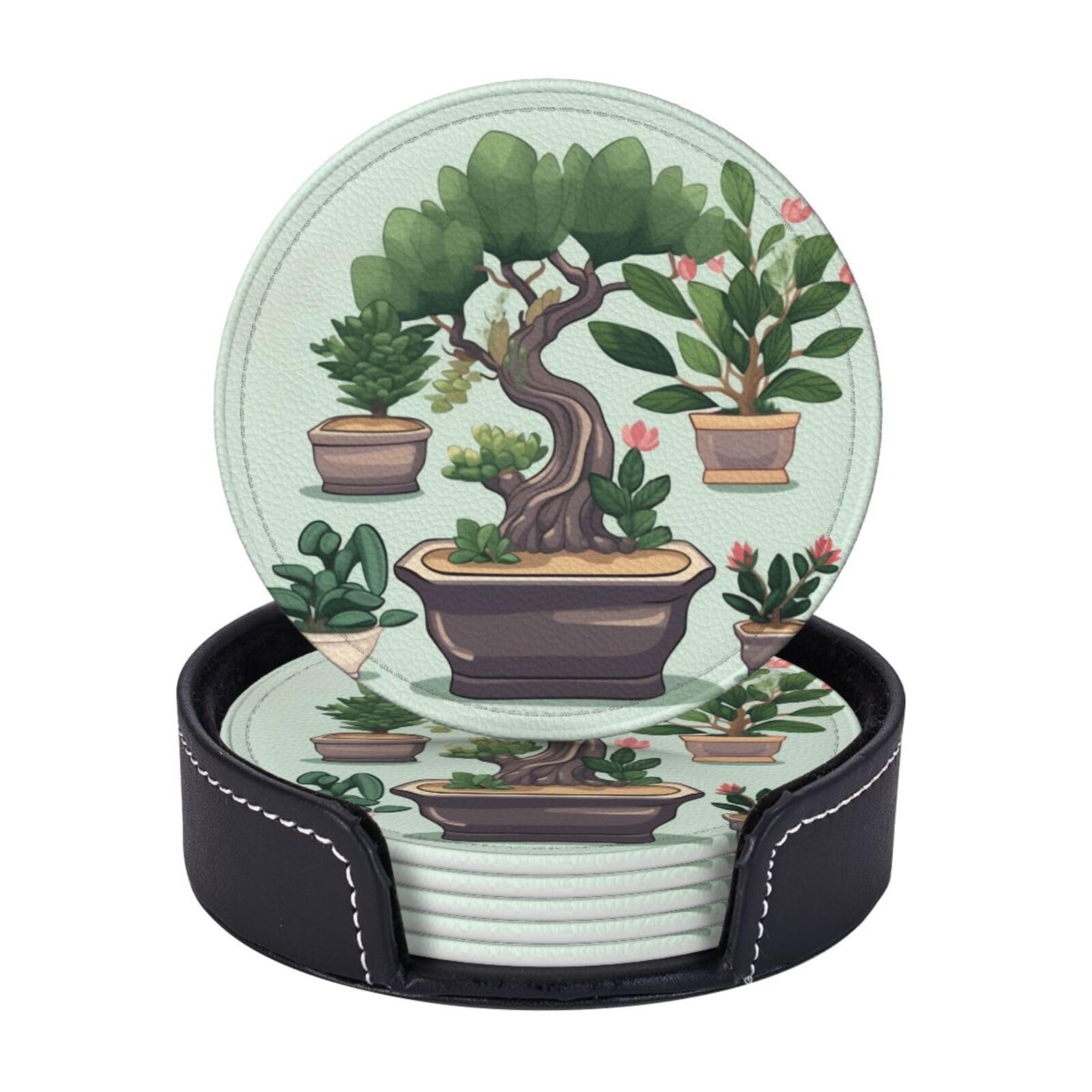 6Pcs Drink Coasters with Holder Cup Coaster Bonsai Plant Round Cup Mat Pad 3.9" Leather Coaster for Drinks Waterproof Bar Beer Beverage Coasters Set for Kinds of Cups