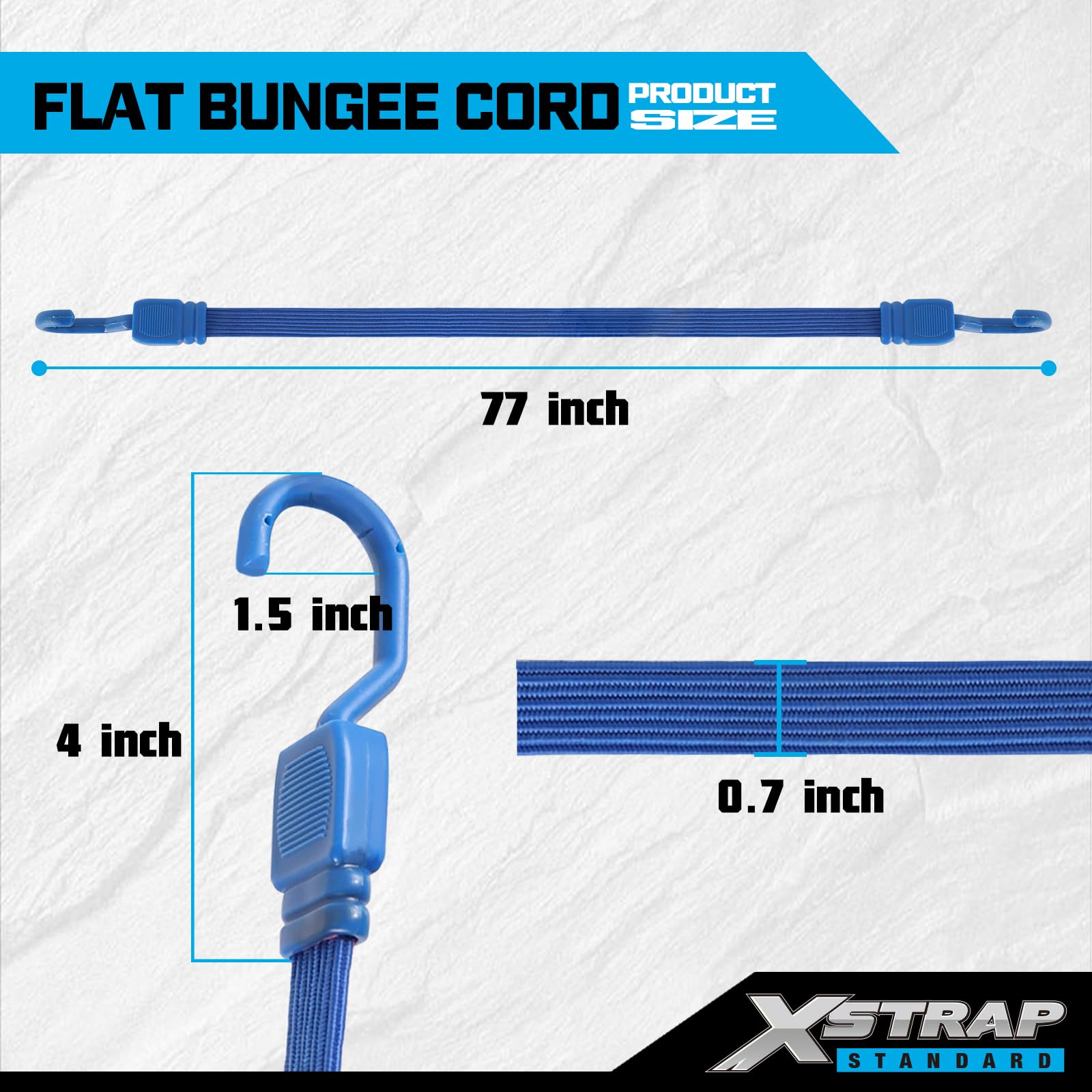 XSTRAP STANDARD 2 szt., 187 cm, płaski sznurek, bungee, wytrzymałe, regulowane, długie paski z haczykami do ciężarówki, na kemping, motocykl, do samochodów, rowerów, bagażnika, niebieski