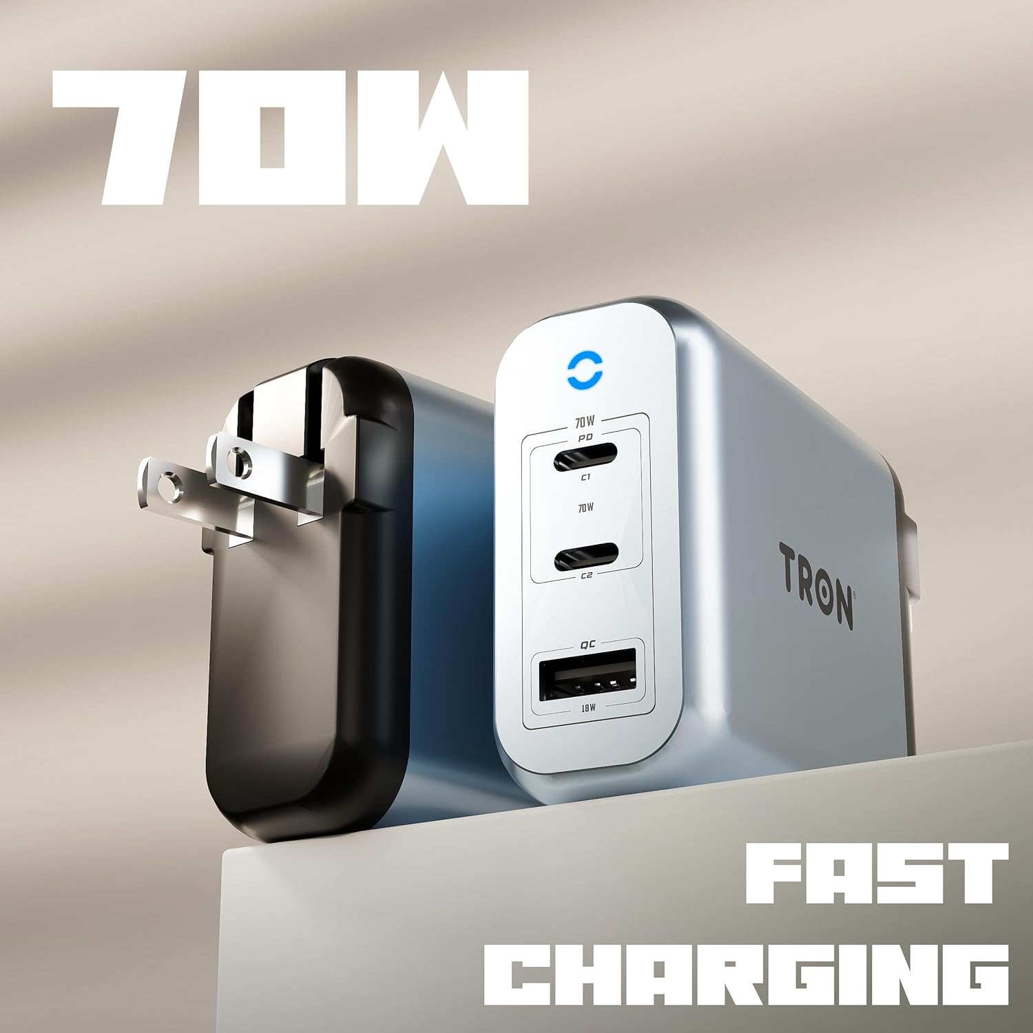 TRON 70W Power Adapter, Universal Compatibility, CNC Aluminum Construction, Fast Charging for iPhone, iPad, MacBook, Android, TR78