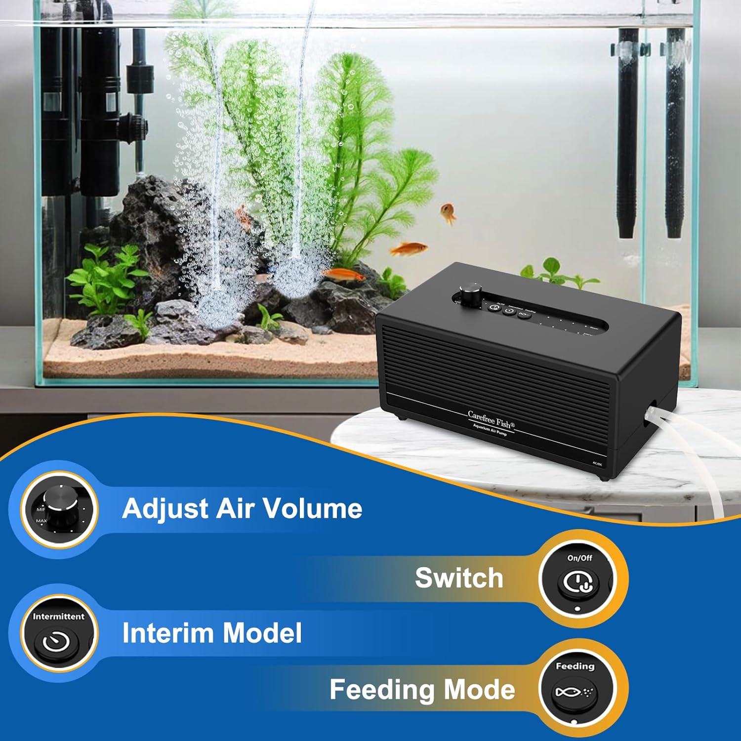 Carefree Fish 6W AC/DC USB Aquarium Lithium Battery Air Pump Dual Air Outlets Power Outage Automatic Startup Function Work for 15~96 Hours with 2 Air Stones and 15Ft Silicone Tubing