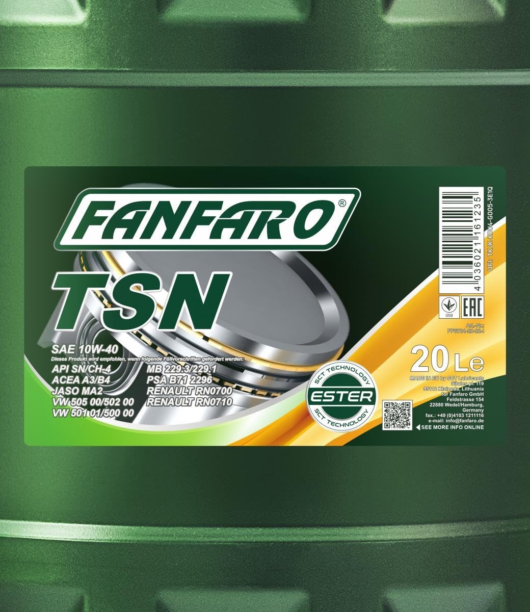 FANFARO Aceite de motor 10W-40 Profi Line Aceite sintetico ACEA A3/B3 ACEA A3/B4 API SN API CH-4 TSN 20L Compatible con VW Polo V Hatchback 6R1, 6C1 up! Hatchback 121, 122, BL1, BL2, BL3, 123, SKODA
