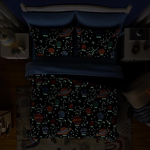 Miniatura 4 de Kaleido Space Juego de edredón individual con sábanas, juego de ropa de cama individual de 5 piezas para niños, que brilla en la oscuridad, cama