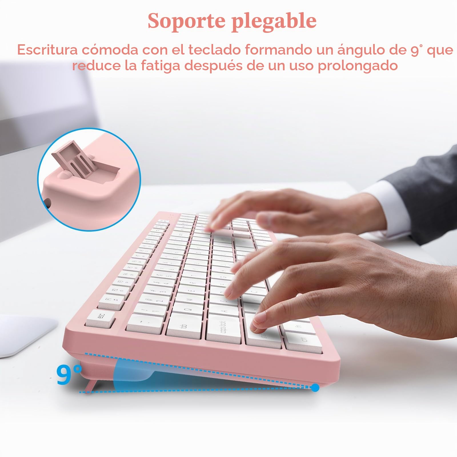 LeadsaiL Combo de teclado y mouse inalámbricos, teclado ergonómico de tamaño completo, teclado inalámbrico de 2.4 GHz, juego de mouse silencioso con receptor USB 2 en 1, atajos de 12 FN para laptop