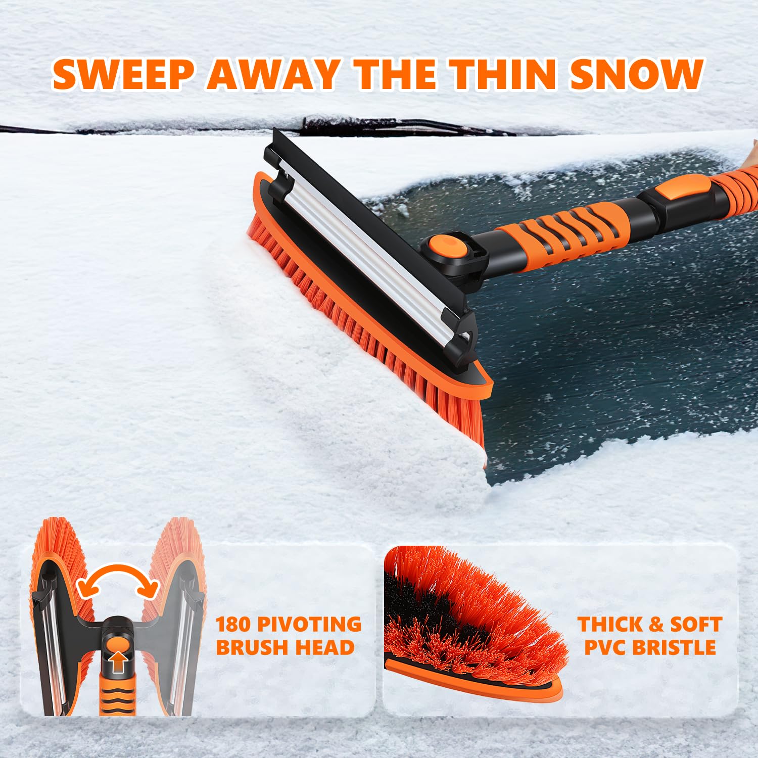 DNA MOTORING 43,3 Zoll 3-in-1 teilbare Schneebürste mit Rakel und Eiskratzer für Autos, SUVs, LKWs, Windschutzscheibenfenster, ausziehbares Schneeentfernungswerkzeug, TOOLS-00376, Orange/Schwarz