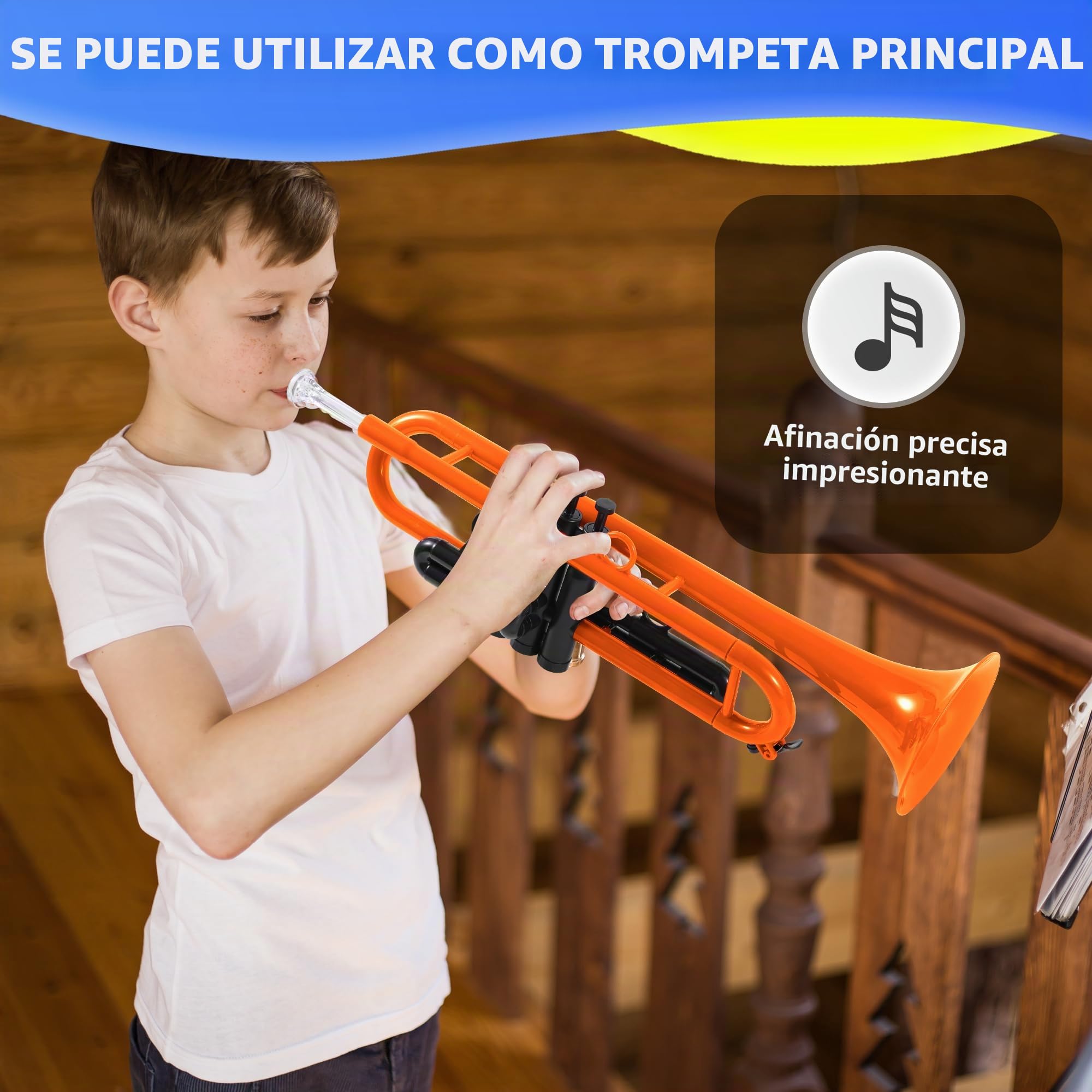 PAMPET Juego de trompeta profesional de plástico para estudiantes principiantes con boquilla 7C y boquilla 3C, instrumento de trompeta Bb naranja