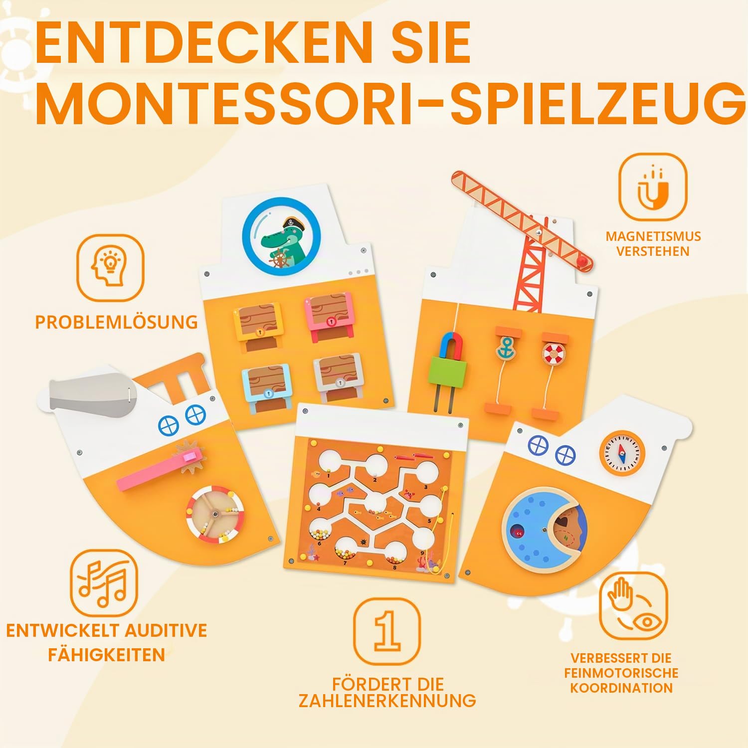 Monläurd Holzschiff Aktivität Wandpaneel für Kinder, sensorisches Wandspielzeug, Aktivitätswürfel, Wandspielzeug für Kleinkinder 1-3, Spielzimmer-Spielzeug, Kindertagesstättenmöbel, Montessori Busy
